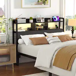 Aheaplus - Queen Headboard Only, Queen Size Headboard with Charging Station, RGB LED Light, and Bookcase Storage - Black