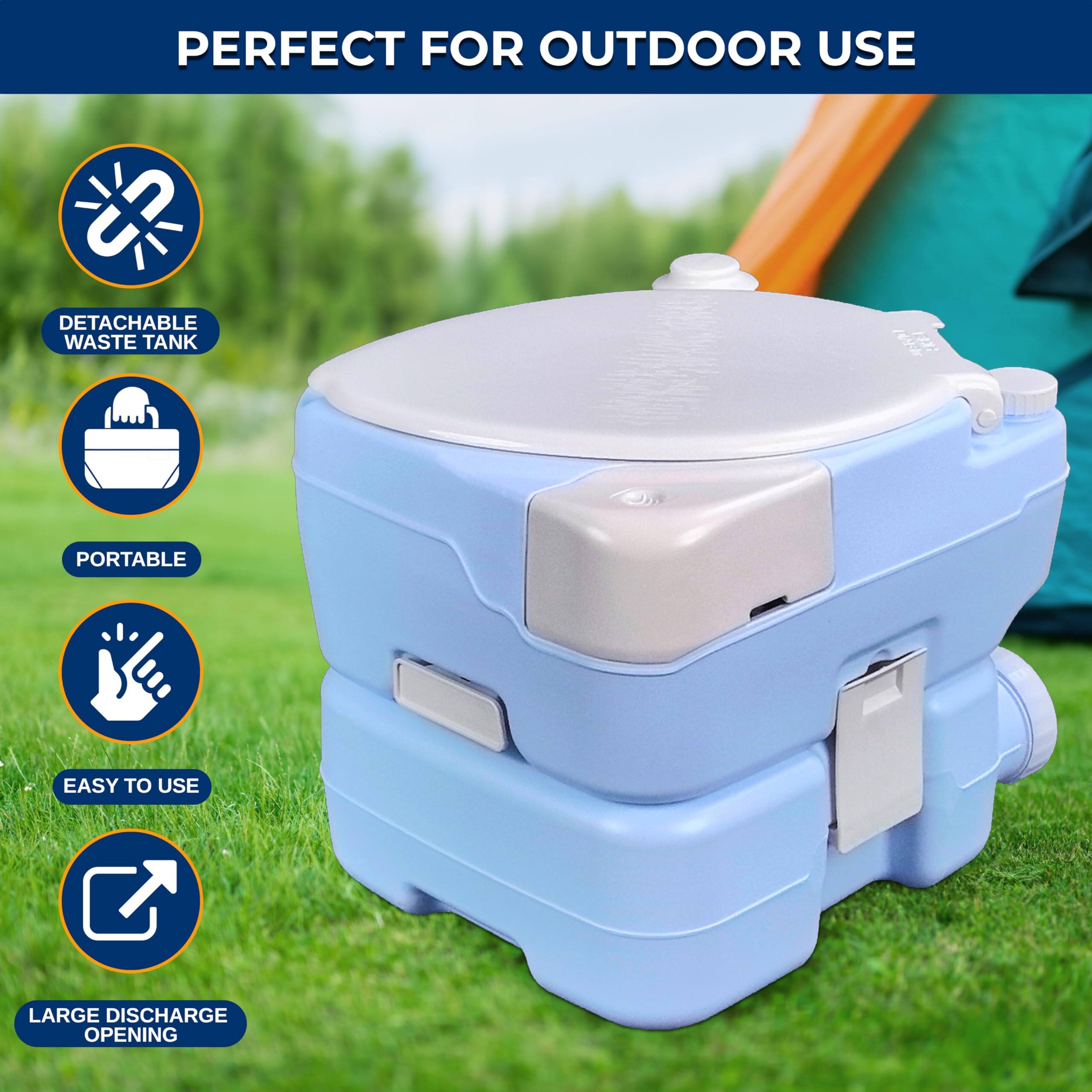 PERFECT FOR OUTDOOR USE

- DETACHABLE WASTE TANK
- PORTABLE
- EASY TO USE
- LARGE DISCHARGE OPENING