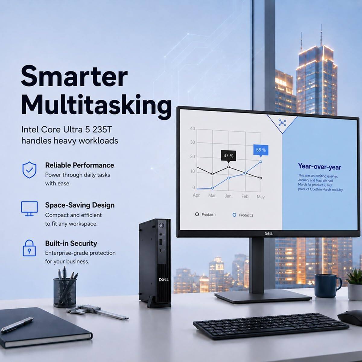 Smarter Multitasking  
Intel Core Ultra 5 235T handles heavy workloads  
Reliable Performance  
Power through daily tasks with ease.  
Space-Saving Design  
Compact and efficient to fit any workspace.  
Built-in Security  
Enterprise-grade protection for your business.  

Year-over-year  
This was an exciting quarter. January and May. We had March for product 2 and product 1 both in March and May.  

DELL