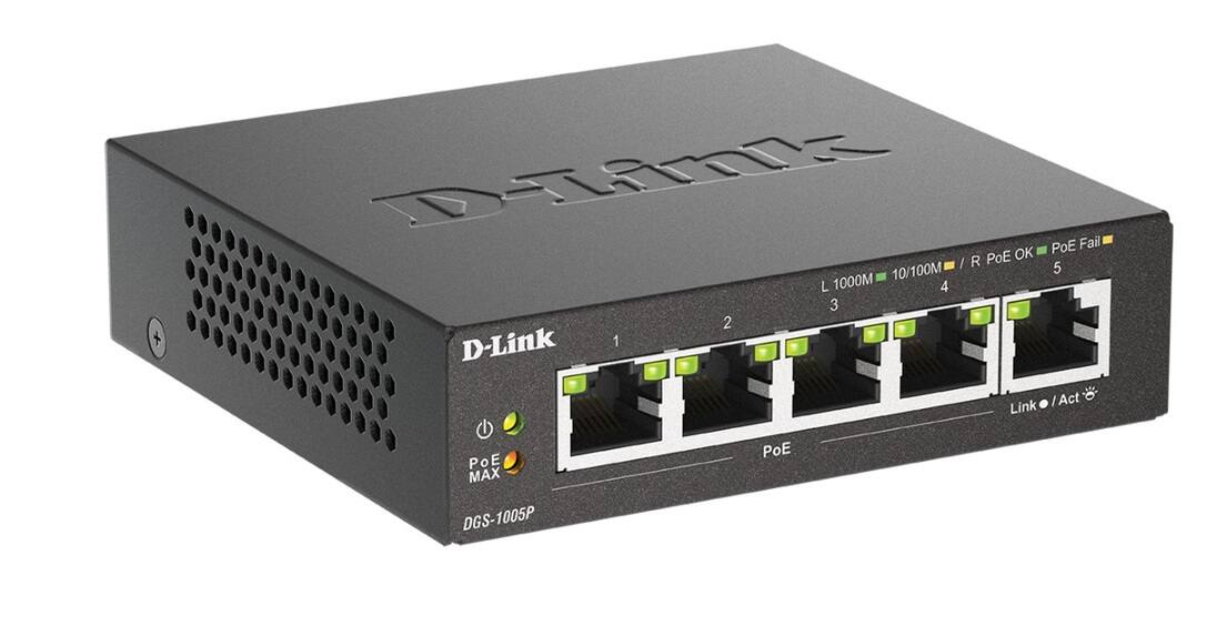 D-Link  
DGS-1005P  

PoE MAX  

1 2 3 4 5  
L 1000M 10/100M R PoE OK PoE Fail  

Link / Act  

PoE