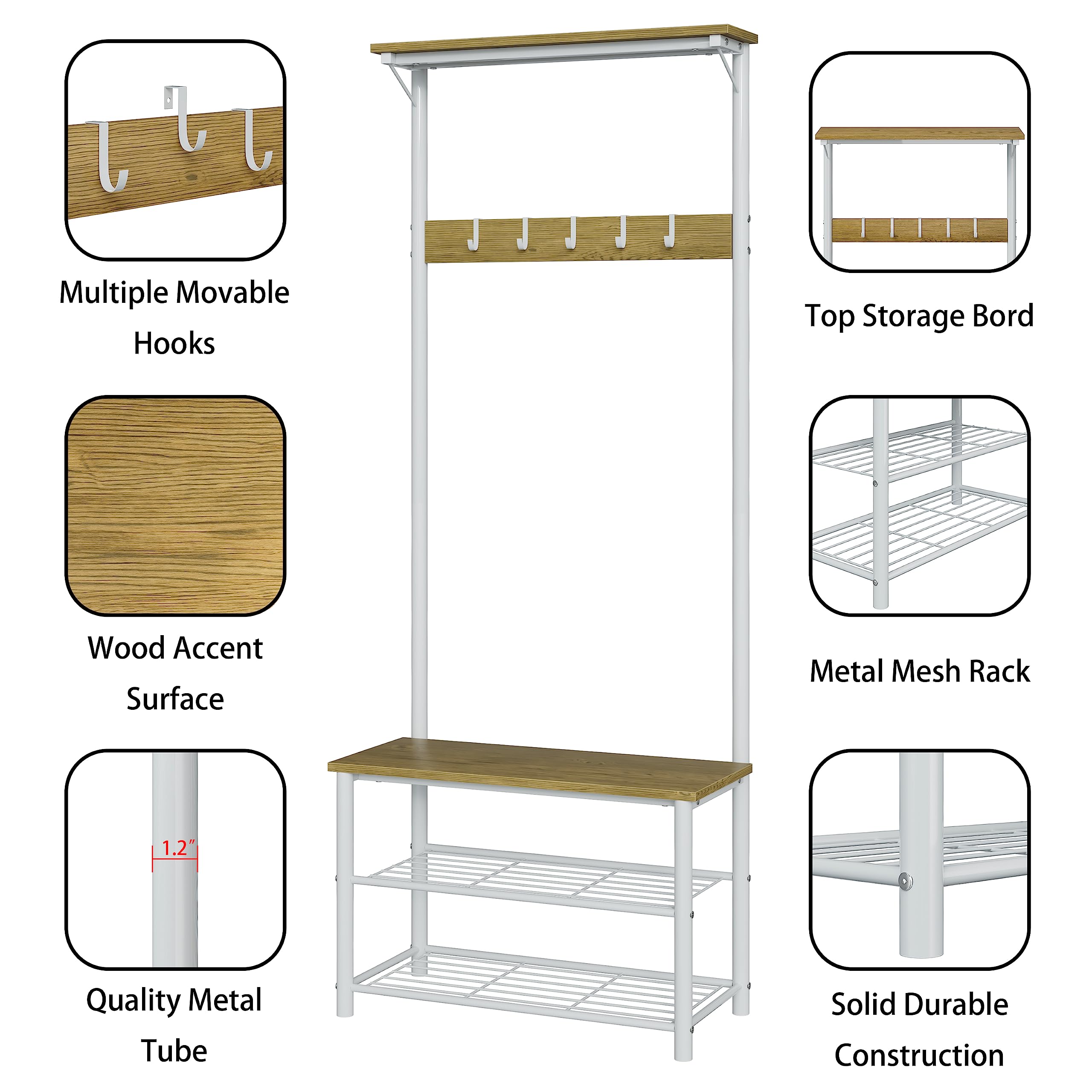 Multiple Movable Hooks  
Top Storage Board  
Wood Accent Surface  
Quality Metal Tube  
Metal Mesh Rack  
Solid Durable Construction