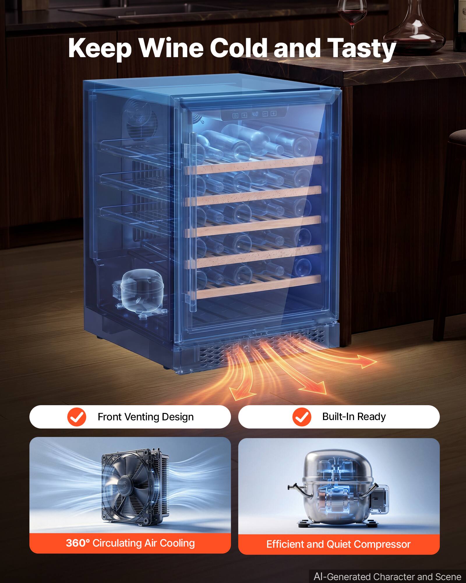 Keep Wine Cold and Tasty

Front Venting Design
Built-In Ready
360° Circulating Air Cooling
Efficient and Quiet Compressor

AI-Generated Character and Scene