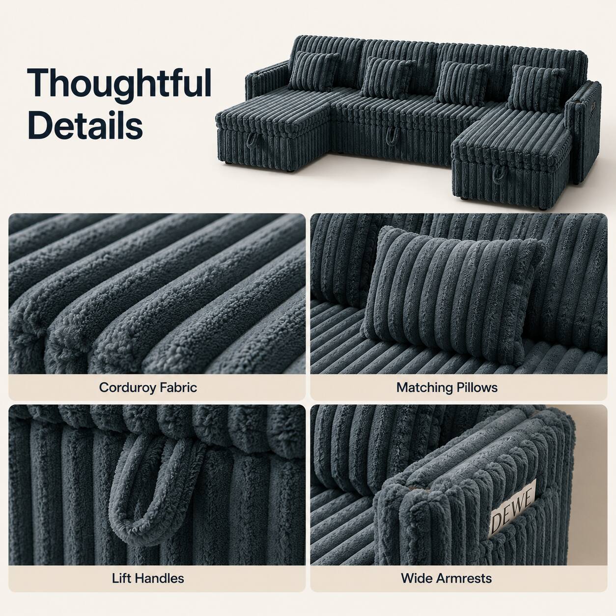 Thoughtful Details

Corduroy Fabric

Matching Pillows

Lift Handles

Wide Armrests