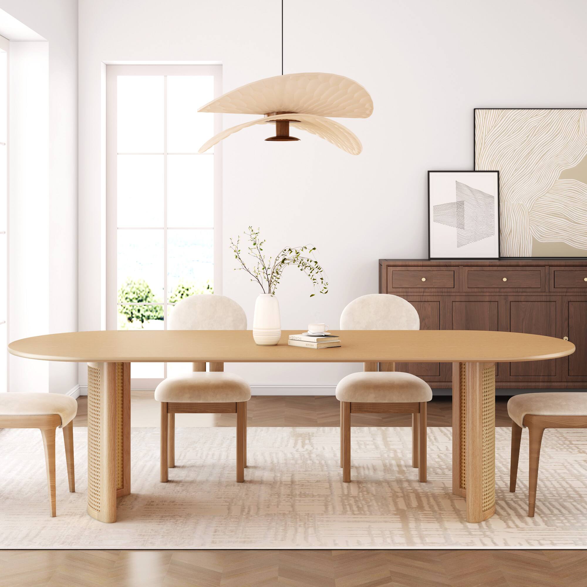 Left. Lirago - 79" Solid Wood Oval Dining Table with Cane Weave Double Pedestal Large Kitchen Table Seats 6-8 or More for Dining Room - Natural.