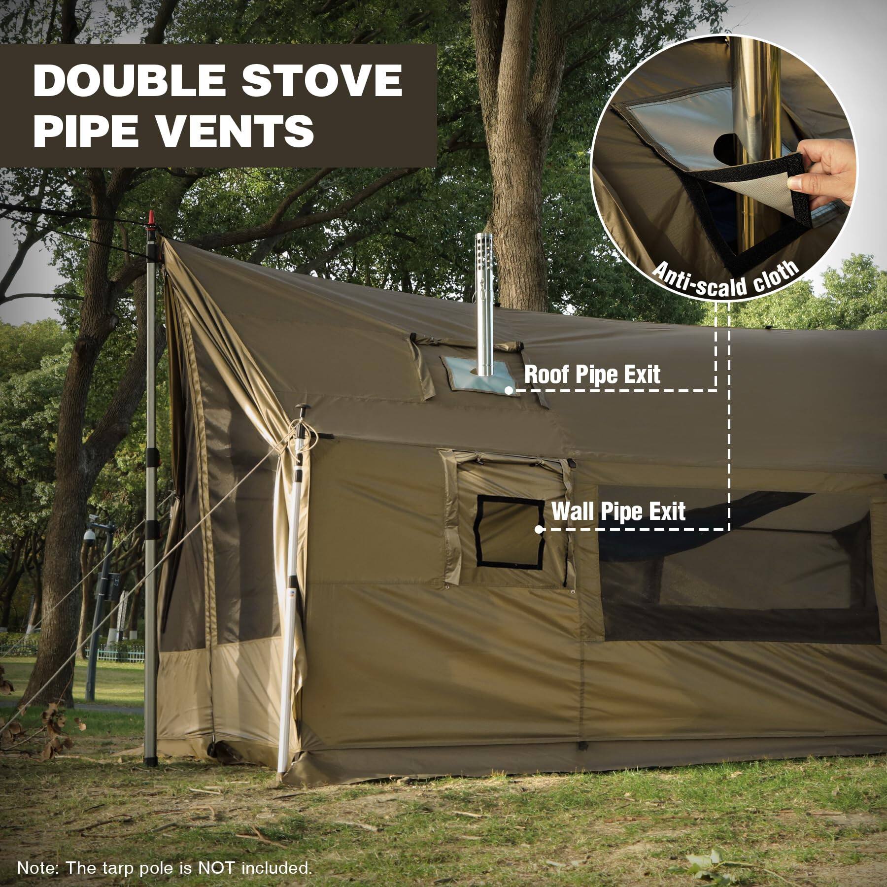 DOUBLE STOVE PIPE VENTS

Anti-scald cloth

Roof Pipe Exit

Wall Pipe Exit

Note: The tarp pole is NOT included.