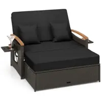 Costway Patio Rattan Daybed Set with Cushioned Loveseat & Storage Ottoman for Porch - Black - Front_Zoom