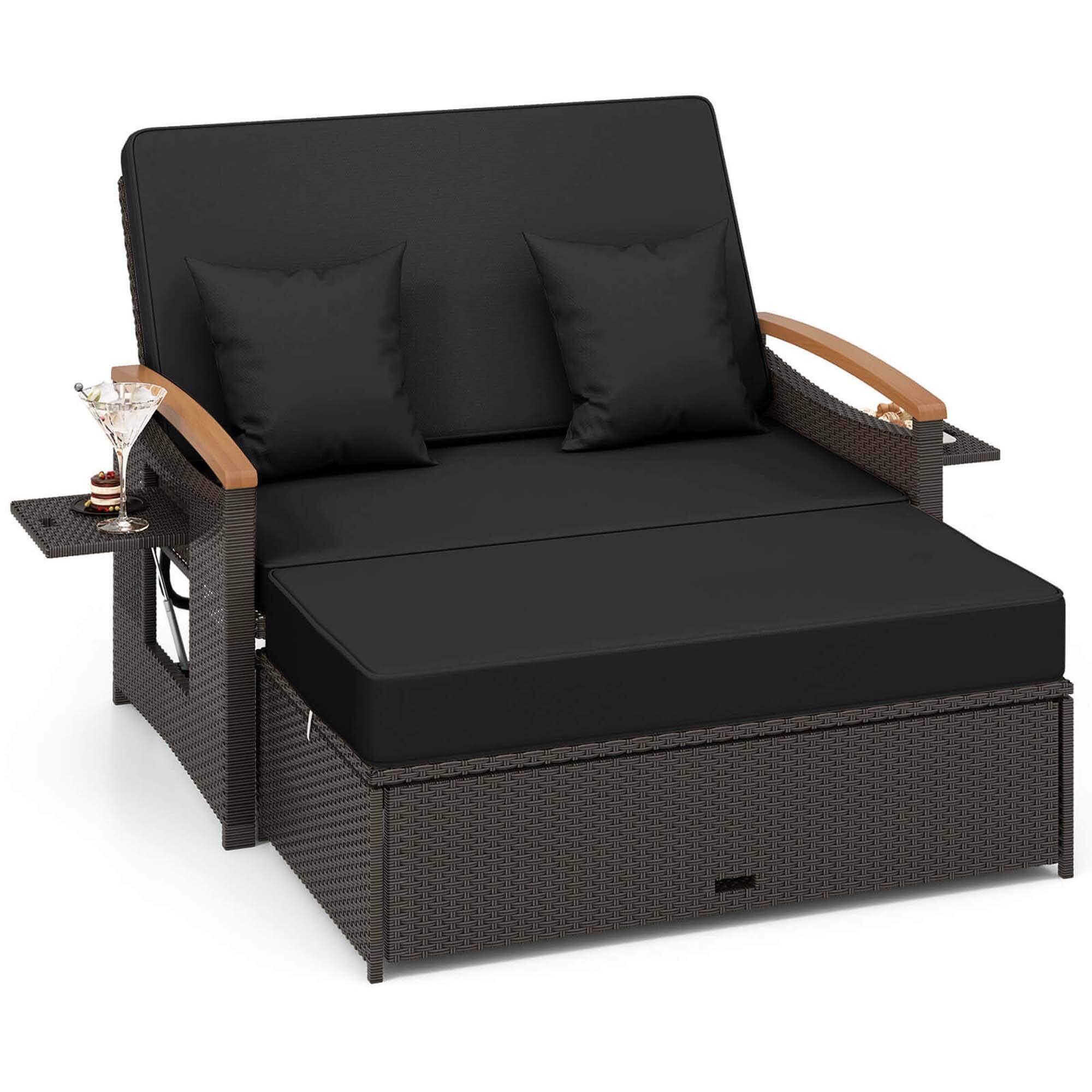 Costway - Patio Rattan Daybed Set with Cushioned Loveseat & Storage Ottoman for Porch - Black