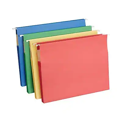 Front. Staples - Hanging File Folders, 3.5" Expansion, Stright Cut, Letter Size, 4/Pack - Assorted Colors.