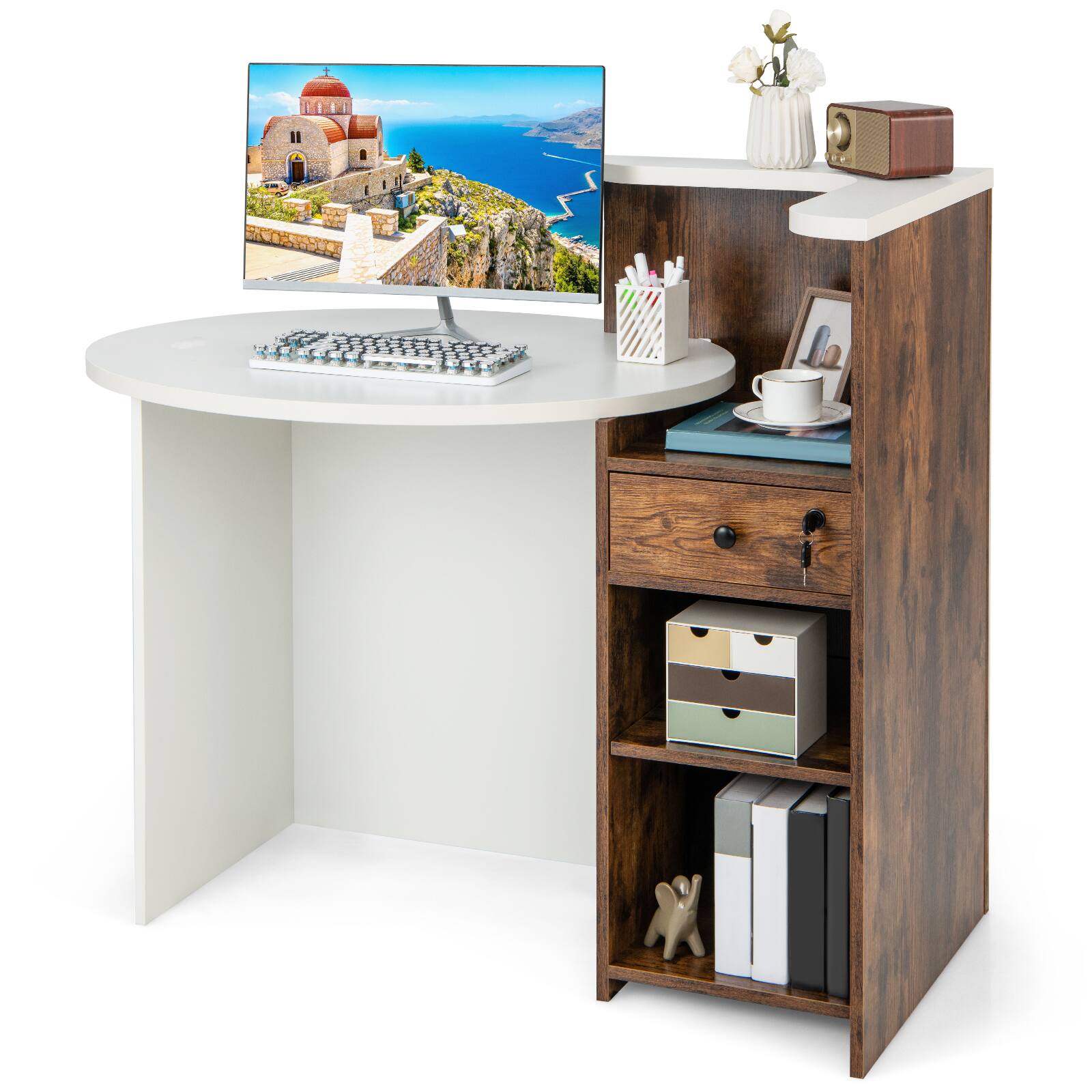Back. SlickBlue - Reception Desk with Drawer and Open Shelf, Front Counter Table for Office, Salon, Clinic - Brown.