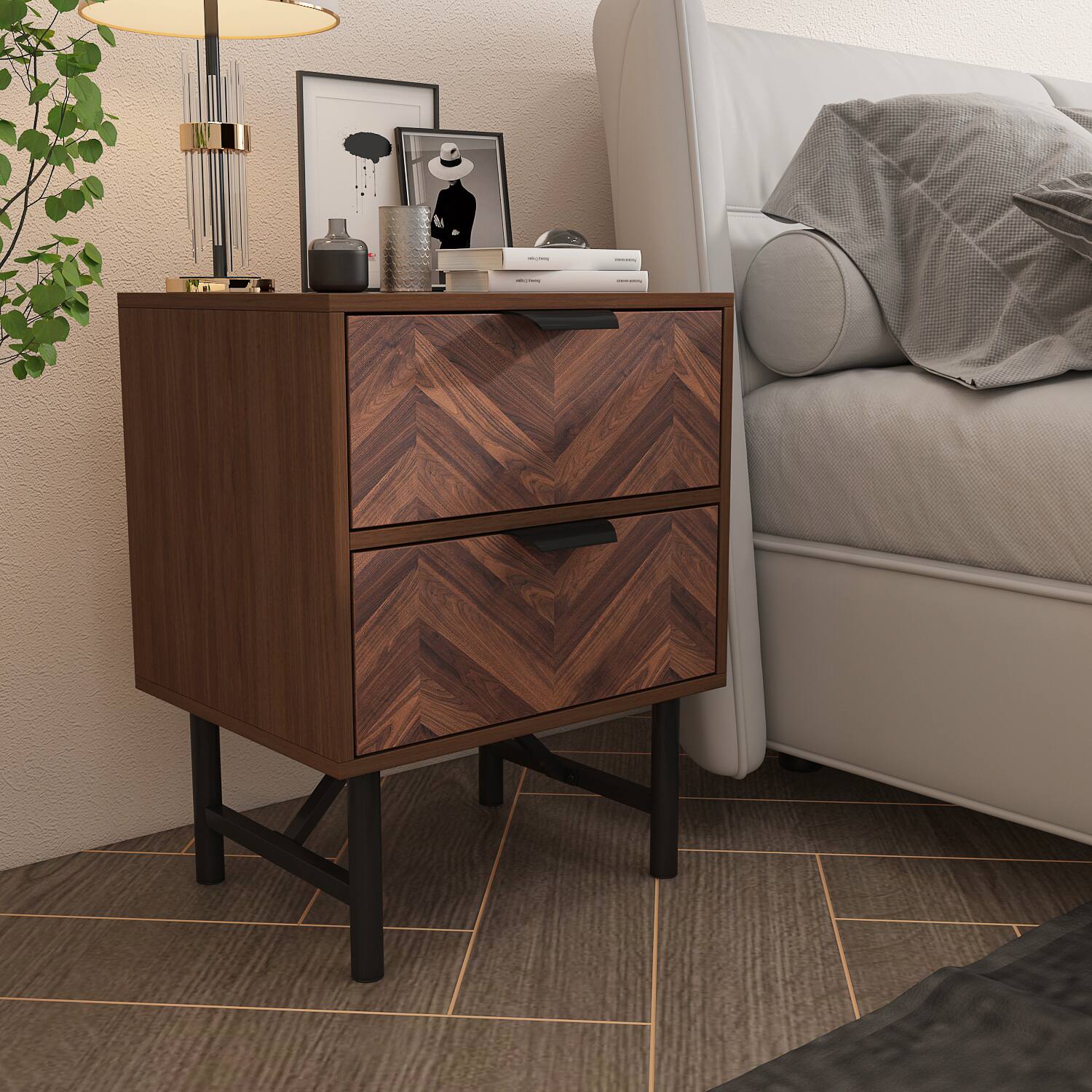 Alt View 6. FUFU & GAGA - FUFU&GAGA Herringbone - Pattern Nightstand: 2 - Drawer Mid - Century Modern Style - Brown.