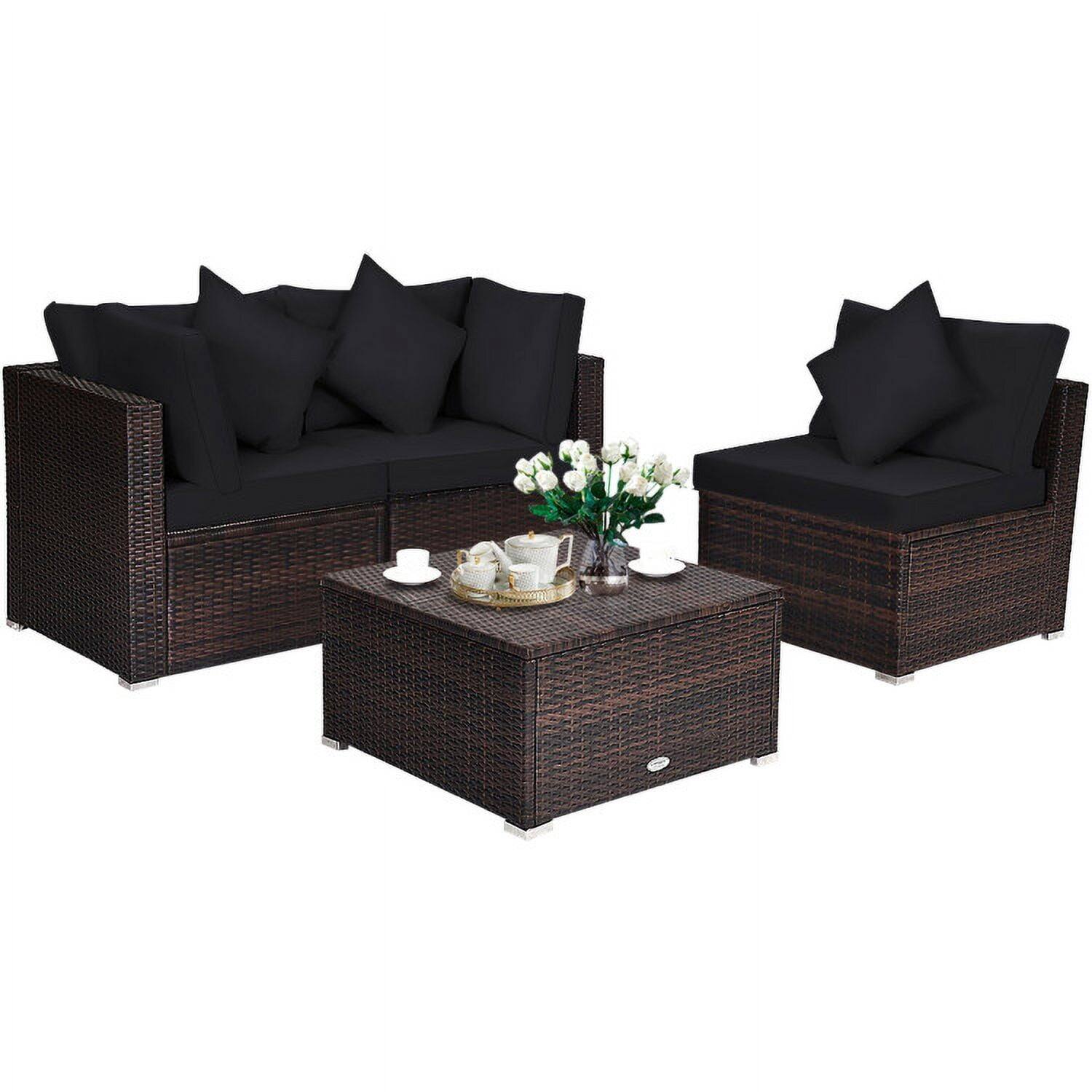 Angle. Kadyn - 4 Pieces Ottoman Garden Patio Rattan Wicker Furniture Set with Cushion-Black, Patio Seating Conversation Set - Black.