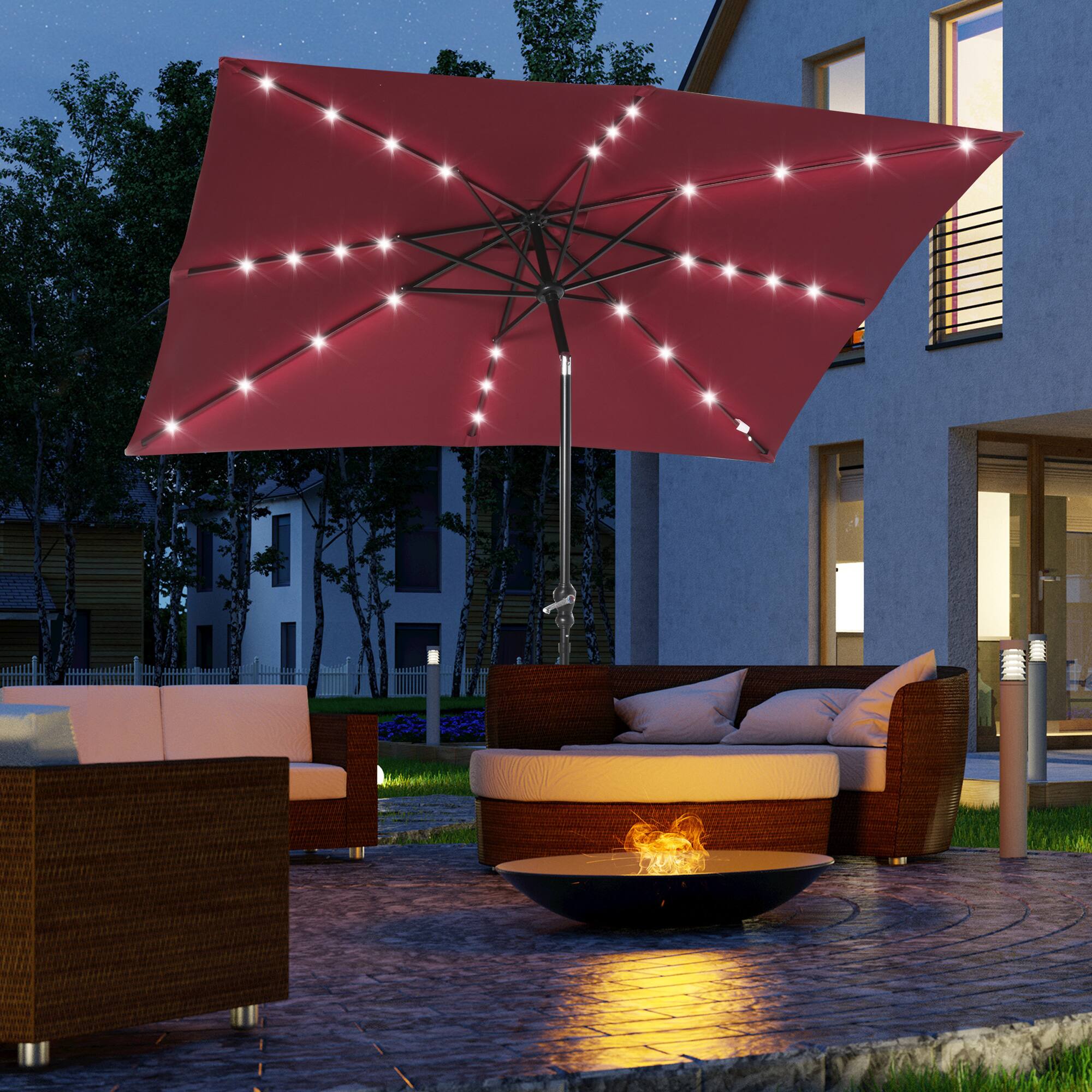 Angle. Outsunny - 9' x 7' Solar Umbrella, LED Lighted Patio Umbrella for Table or Base with Tilt & Crank, Outdoor Umbrella for Garden - Wine Red.