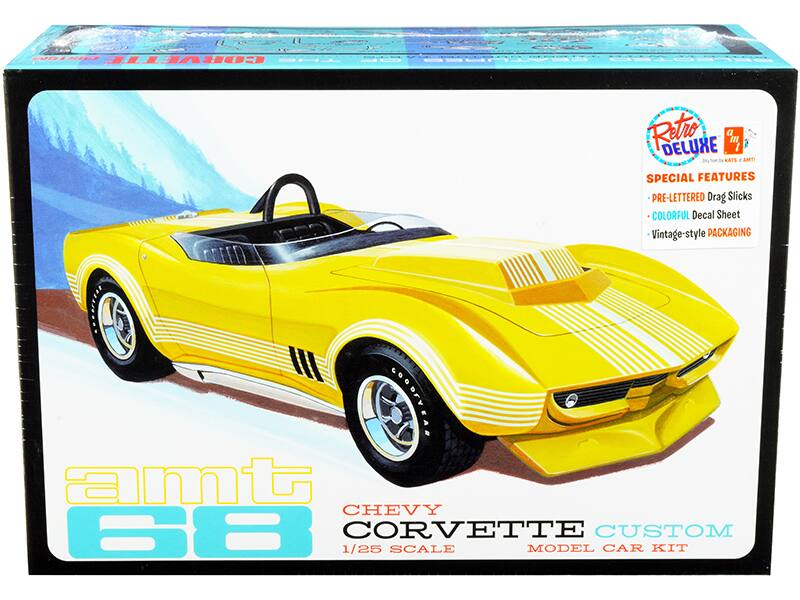 Sure, here is the corrected and grouped text from the image:

---

**Retro Deluxe**  
SPECIAL FEATURES  
- PRE-LETTERED Drag Slicks  
- COLORFUL Decal Sheet  
- Vintage-style PACKAGING  

**amt 68**  
**CHEVY CORVETTE CUSTOM**  
1/25 SCALE MODEL CAR KIT  

---

This text is organized to reflect the information on the packaging of the model car kit.