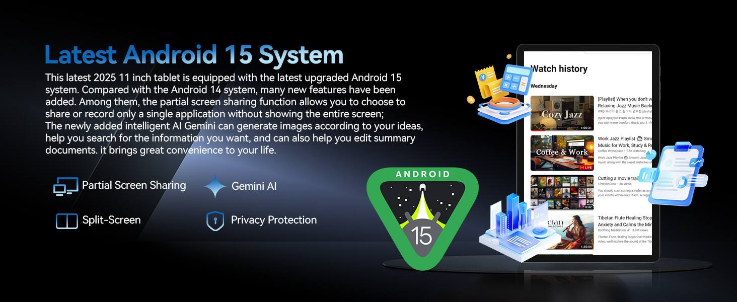 **Latest Android 15 System**

This latest 2025 11 inch tablet is equipped with the latest upgraded Android 15 system. Compared with the Android 14 system, many new features have been added. Among them, the partial screen sharing function allows you to choose to share or record only a single application without showing the entire screen; The newly added intelligent AI Gemini can generate images according to your ideas, help you search for the information you want, and can also help you edit summary documents. It brings great convenience to your life.

- Partial Screen Sharing
- Gemini AI
- Split-Screen
- Privacy Protection

**Watch history**

- Wednesday
  - Playlist: When you don't Relaxing STEL Music Back wan
  - Cozy Jazz TA Tytetot TWeD - W - w - couton tark 1 100:21
  - Work SSEL Playlist Sm Music for Work, Study R Coffee & Work contas wotopace waning - Jant Plartst Smouon Jn - along wm
  - malnaies 4Pm Cutting movie ta Sesoncw vinurs - should mart cun trater p avsts wes many ach A