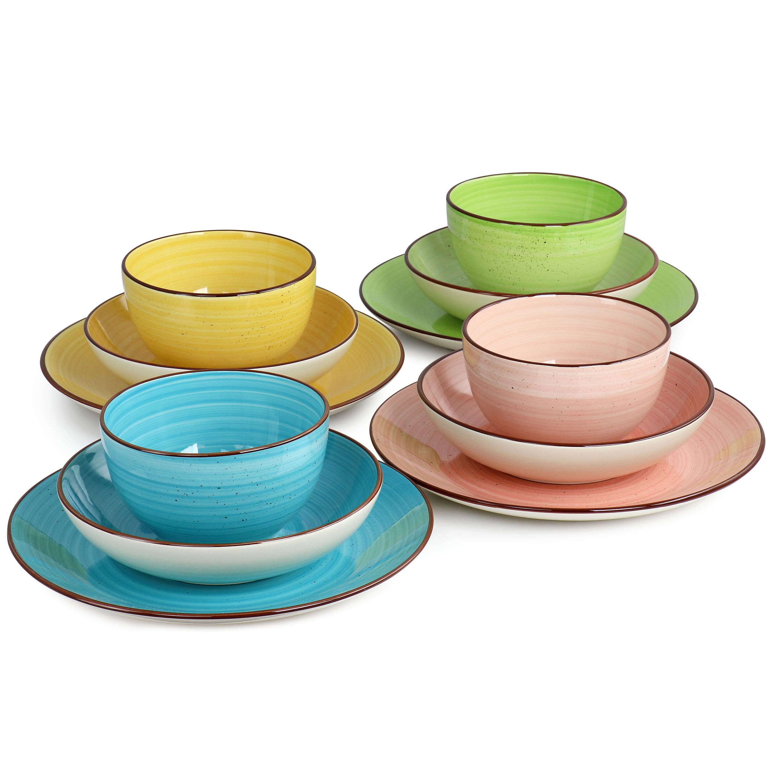 Alt View 4. Elama - Elama Hudson 12 Piece Double Bowl Stoneware Dinnerware Set in Assorted Colors - Yellow, Teal, Lime, Pink.