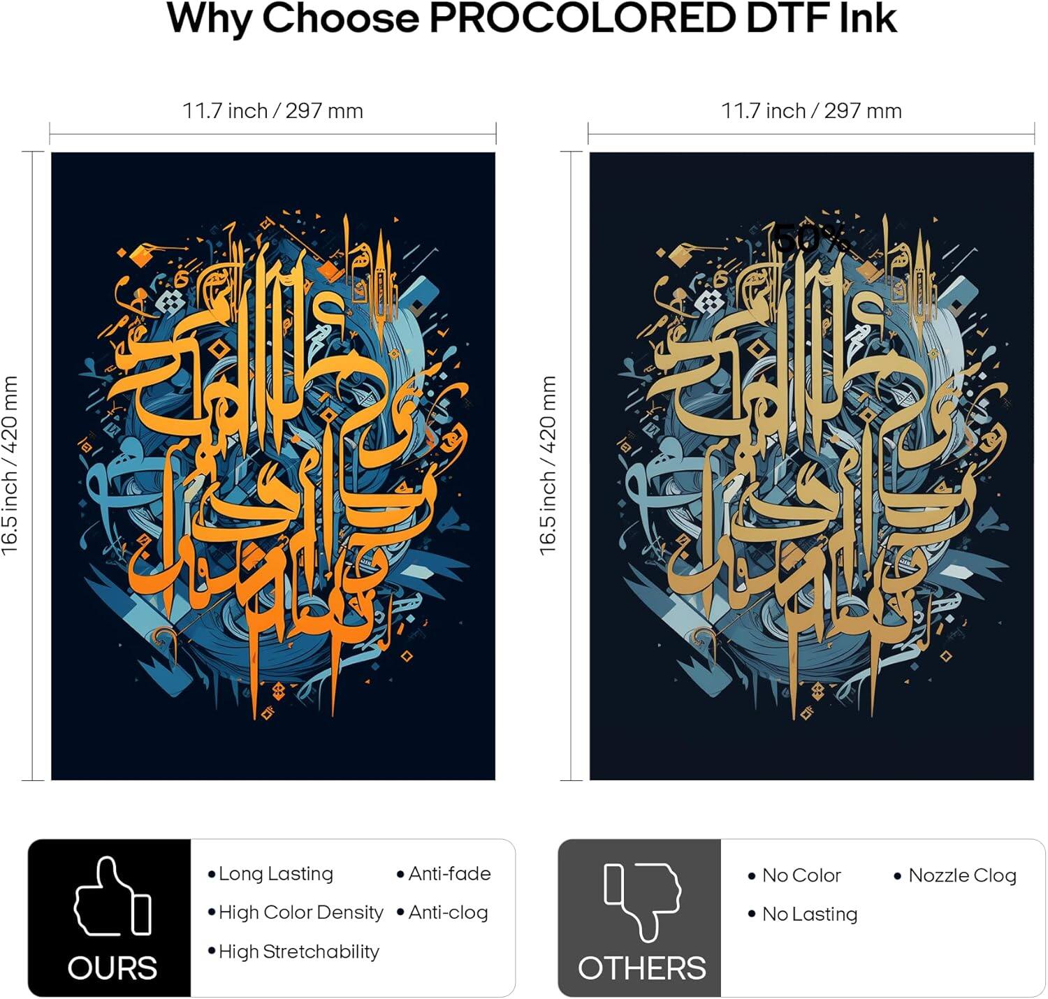 Why Choose PROCOLORED DTF Ink

11.7 inch / 297 mm

16.5 inch / 420 mm

OURS
- Long Lasting
- High Color Density
- High Stretchability
- Anti-fade
- Anti-clog

OTHERS
- No Color
- No Lasting
- Nozzle Clog