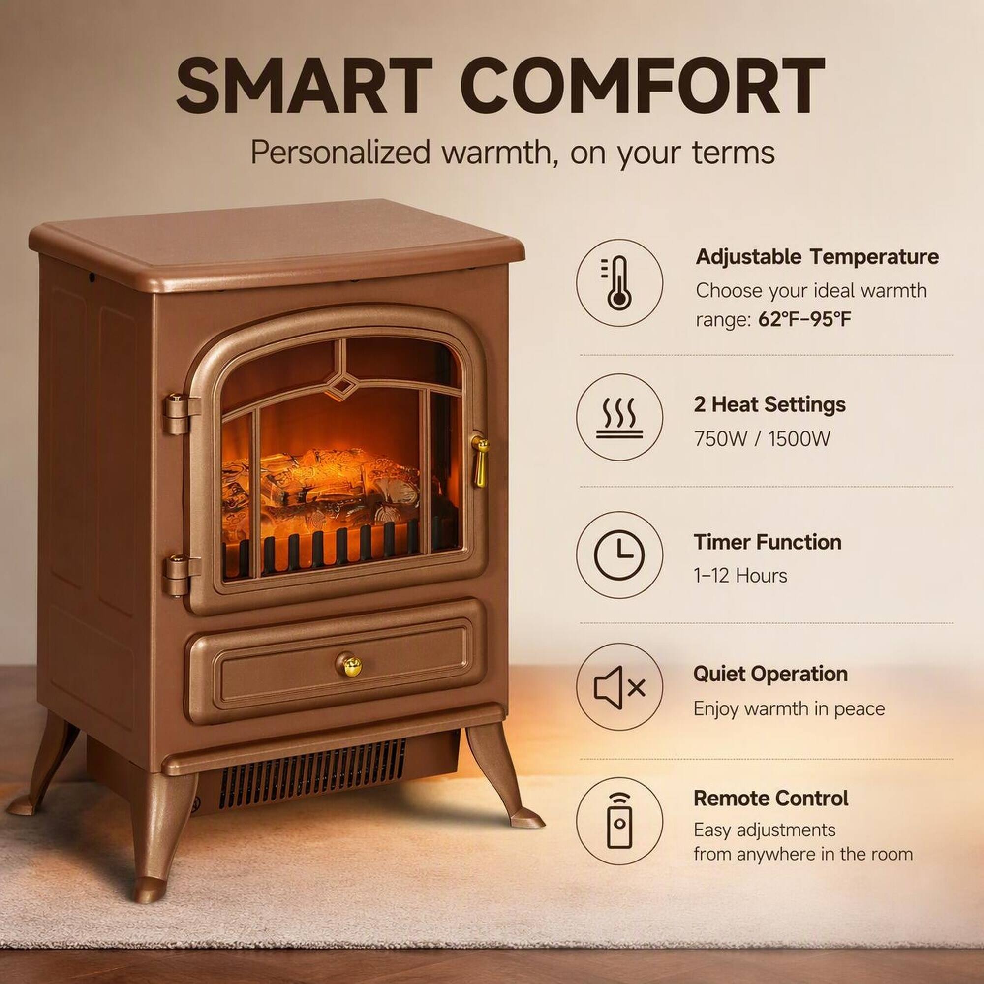 SMART COMFORT  
Personalized warmth, on your terms

Adjustable Temperature  
Choose your ideal warmth range: 62°F-95°F

2 Heat Settings  
750W / 1500W

Timer Function  
1-12 Hours

Quiet Operation  
Enjoy warmth in peace

Remote Control  
Easy adjustments from anywhere in the room