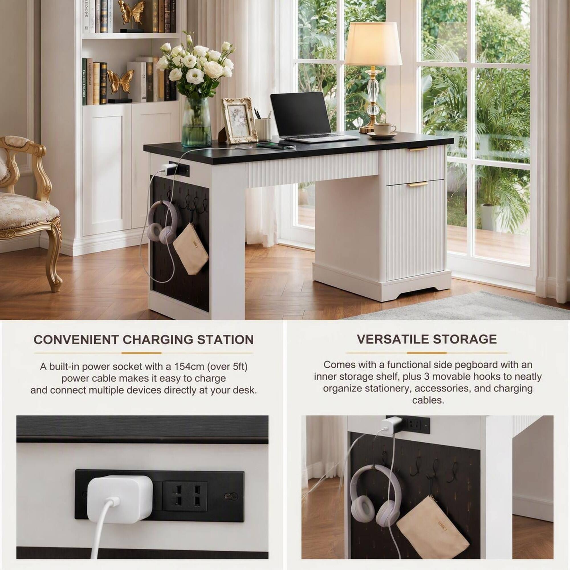 CONVENIENT CHARGING STATION

A built-in power socket with a 154cm (over 5ft) power cable makes it easy to charge and connect multiple devices directly at your desk.

VERSATILE STORAGE

Comes with a functional side pegboard with an inner storage shelf, plus 3 movable hooks to neatly organize stationery, accessories, and charging cables.