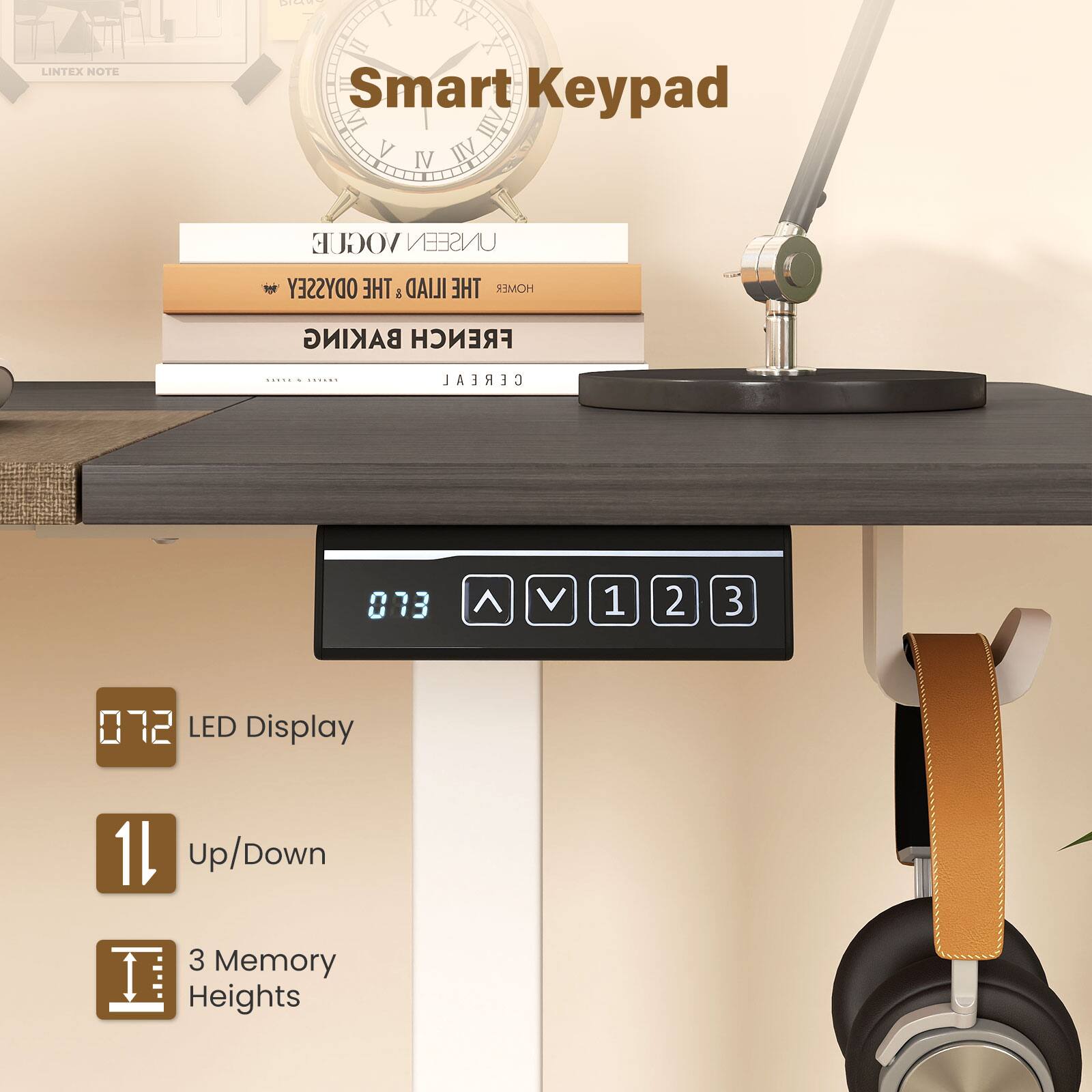 LINTEX NOTE

Smart Keypad

UNSEEN VOUGE
THE ODYSSEY
THE ILIAD
THE HOMER

BAKING FRENCH

CEREAL

LED Display
Up/Down
3 Memory Heights
