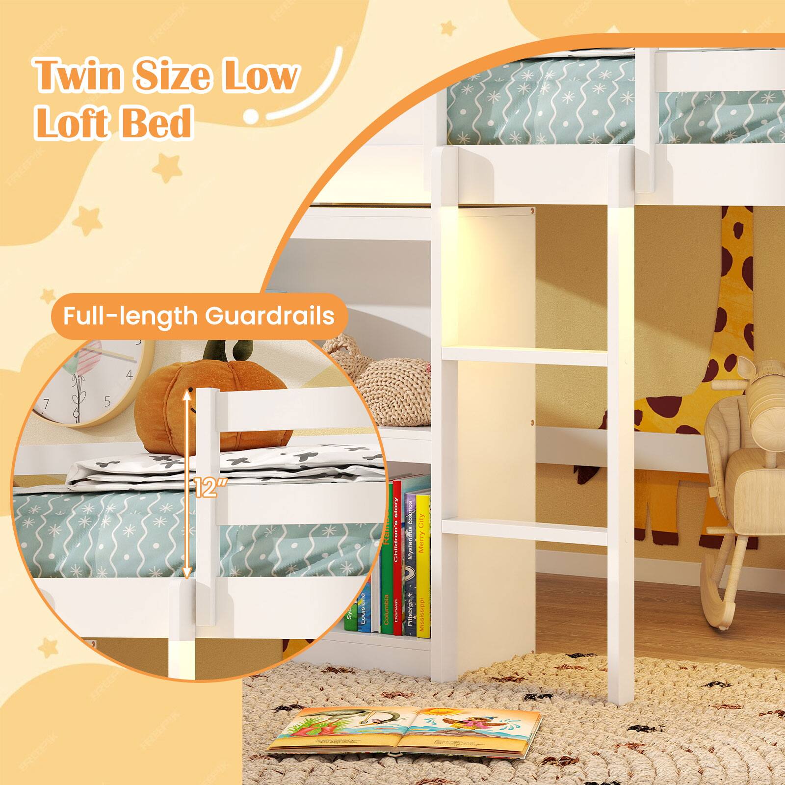 Twin Size Low Loft Bed

Full-length Guardrails

4 7 5 12" 6 3