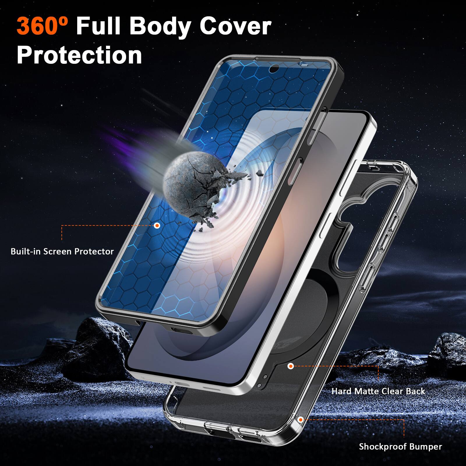 360° Full Body Cover Protection

- Built-in Screen Protector
- Hard Matte Clear Back
- Shockproof Bumper