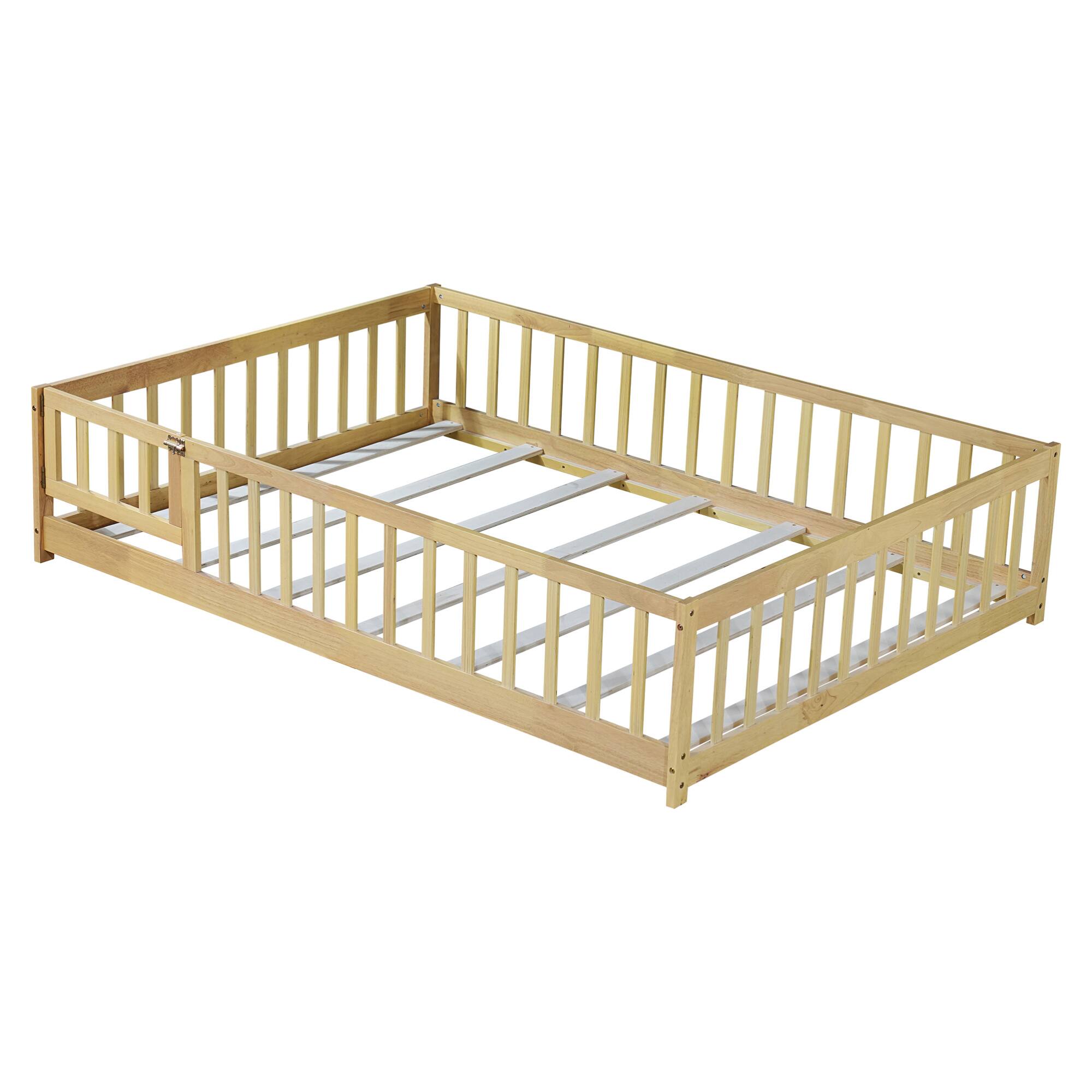 Alt View 7. GOODSILO - Full Size Low Profile Children's Floor Bed with Safety Guardrails and Entry Door, Solid Wood Construction - Natural.