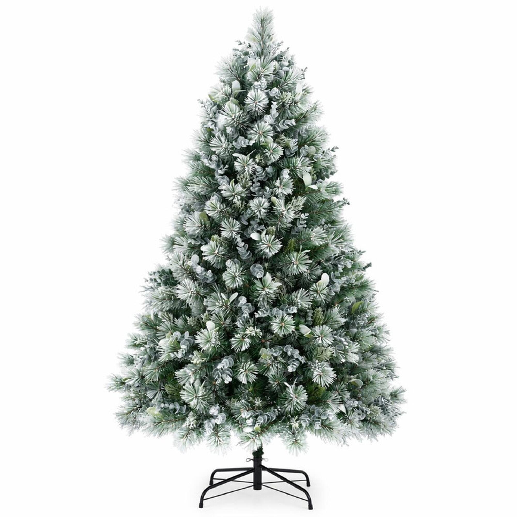 Front. RYHNUYNE - 4FT Flocked Christmas Tree With Pine Eucalyptus Leaves, 404 Tips Hinged Branches Metal Stand Holiday Winter Decor - White+Green.