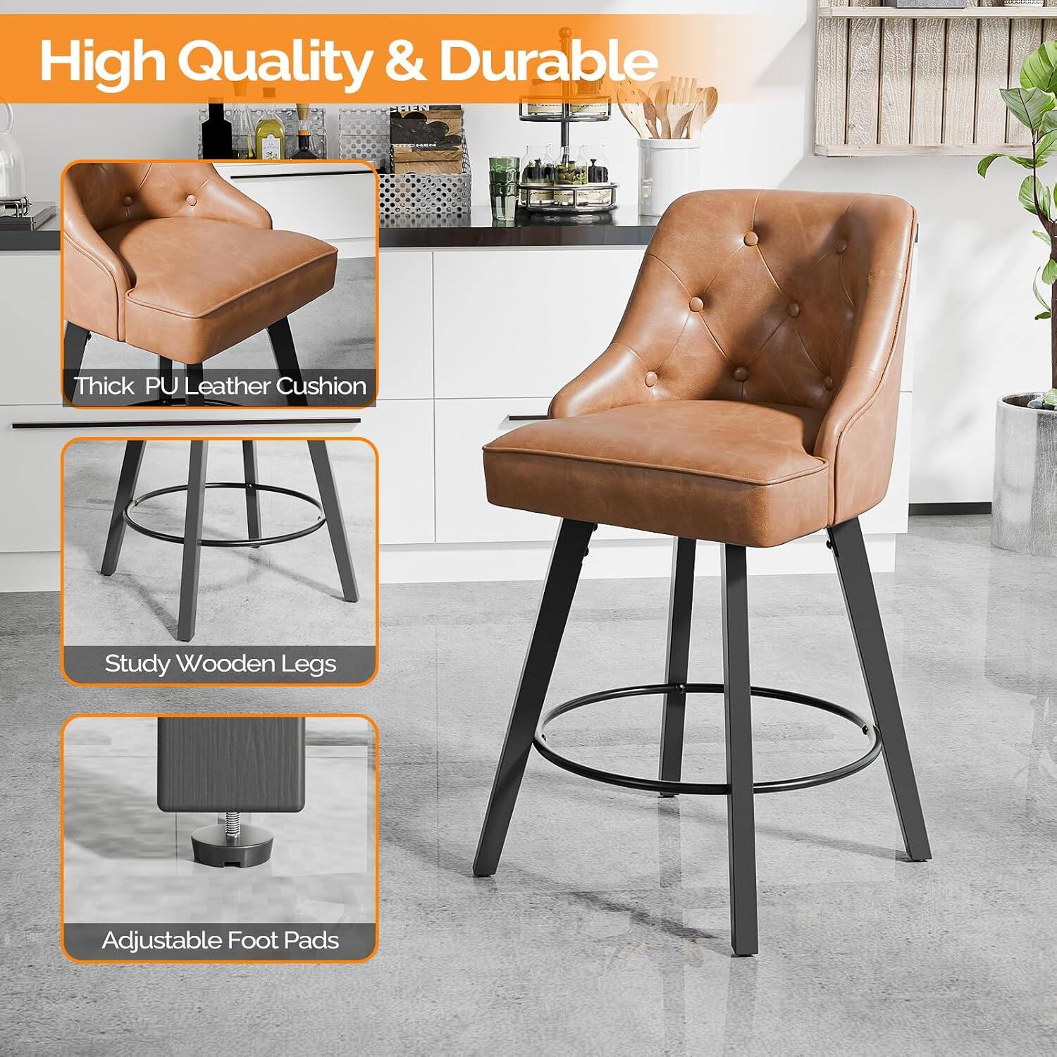 High Quality & Durable  
Thick PU Leather Cushion  
Study Wooden Legs  
Adjustable Foot Pads