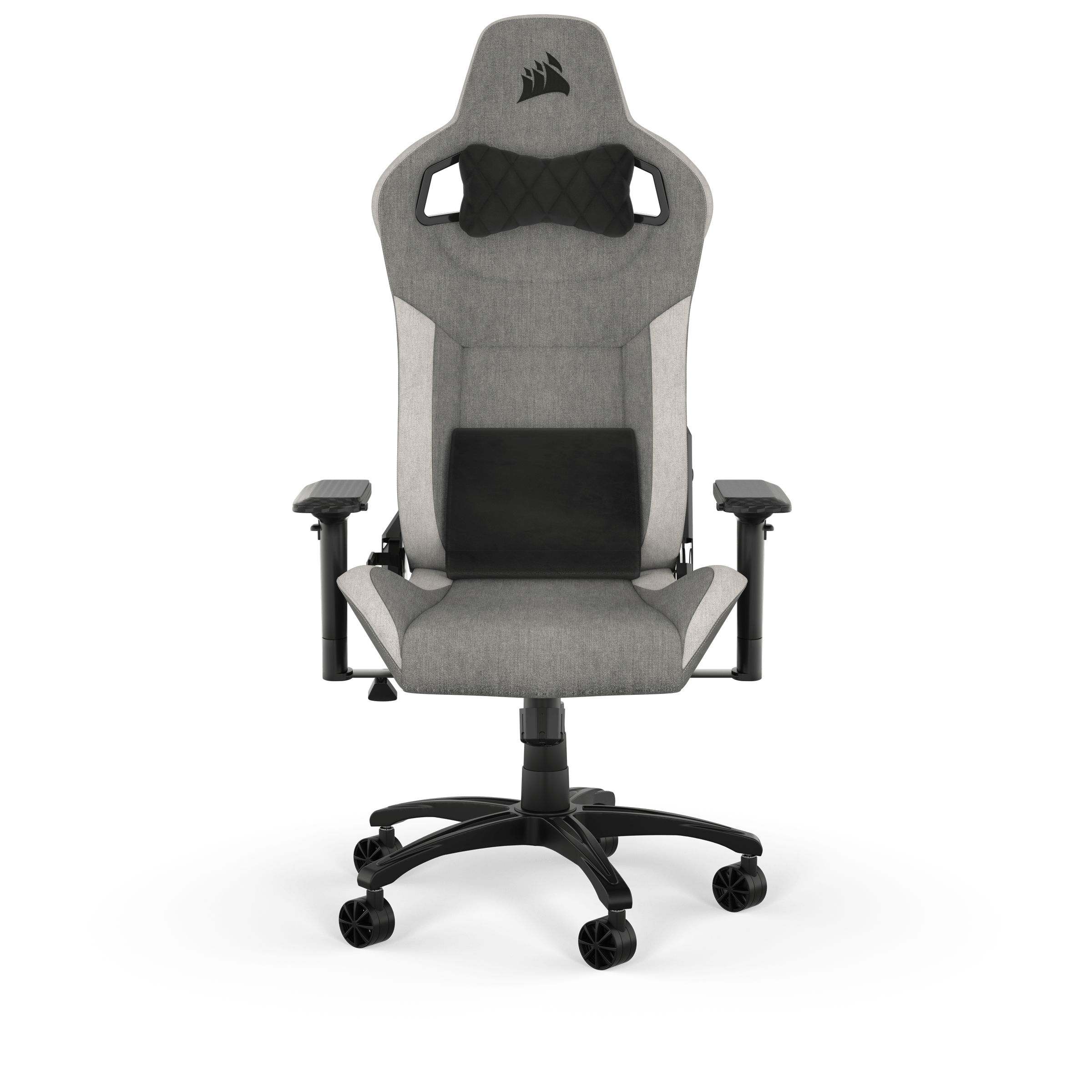 Front. CORSAIR - T3 RUSH Fabric Gaming Chair, Racing-Inspired Design, Adjustable Armrests, Detachable Memory Foam Lumbar and Neck Pillow - Grey and White.