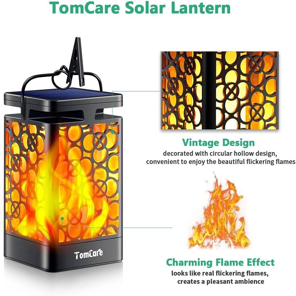 TomCare Solar Lantern

Vintage Design  
decorated with circular hollow design, convenient to enjoy the beautiful flickering flames

Charming Flame Effect  
looks like real flickering flames, creates a pleasant ambience