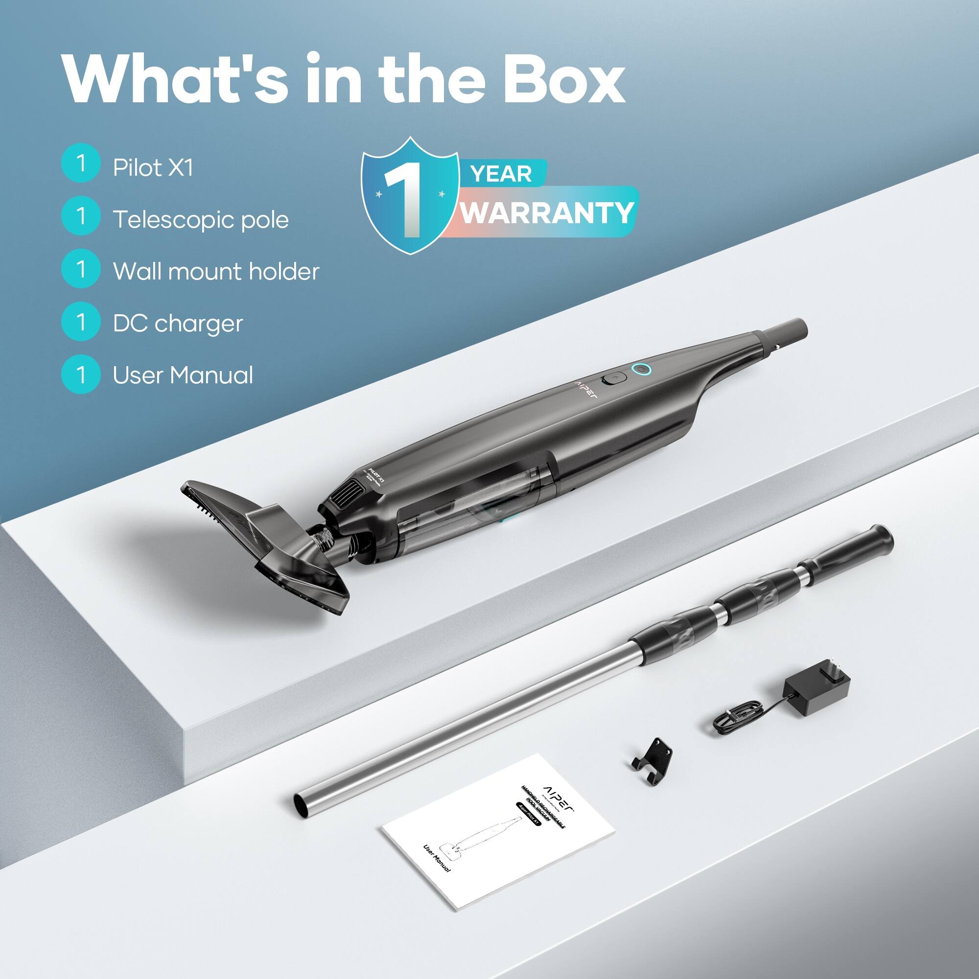 What's in the Box:
1. Pilot X1
1. Telescopic pole
1. Wall mount holder
1. DC charger
1. User Manual