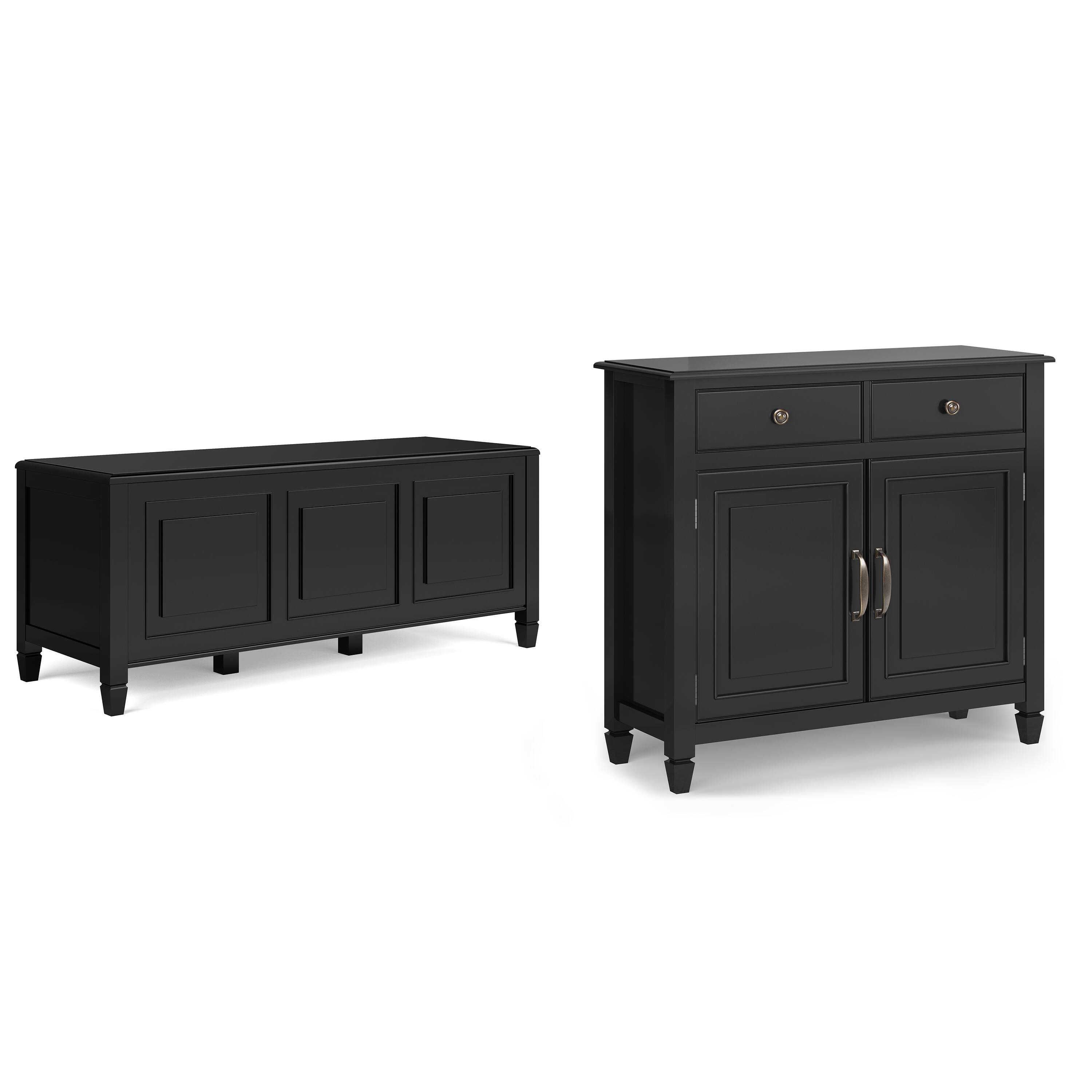 Front. Simpli Home - Connaught Solid Wood 51 inch Wide Storage Bench Trunk and 40 inch Wide Storage Cabinet in Black - Black.