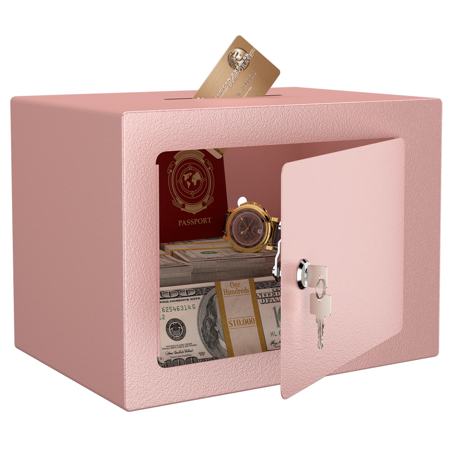Akoasm - 0.23Cu Ft Secure Safe With Key and Password for Home Use, Money, Documents, Valuable Items-Pink
