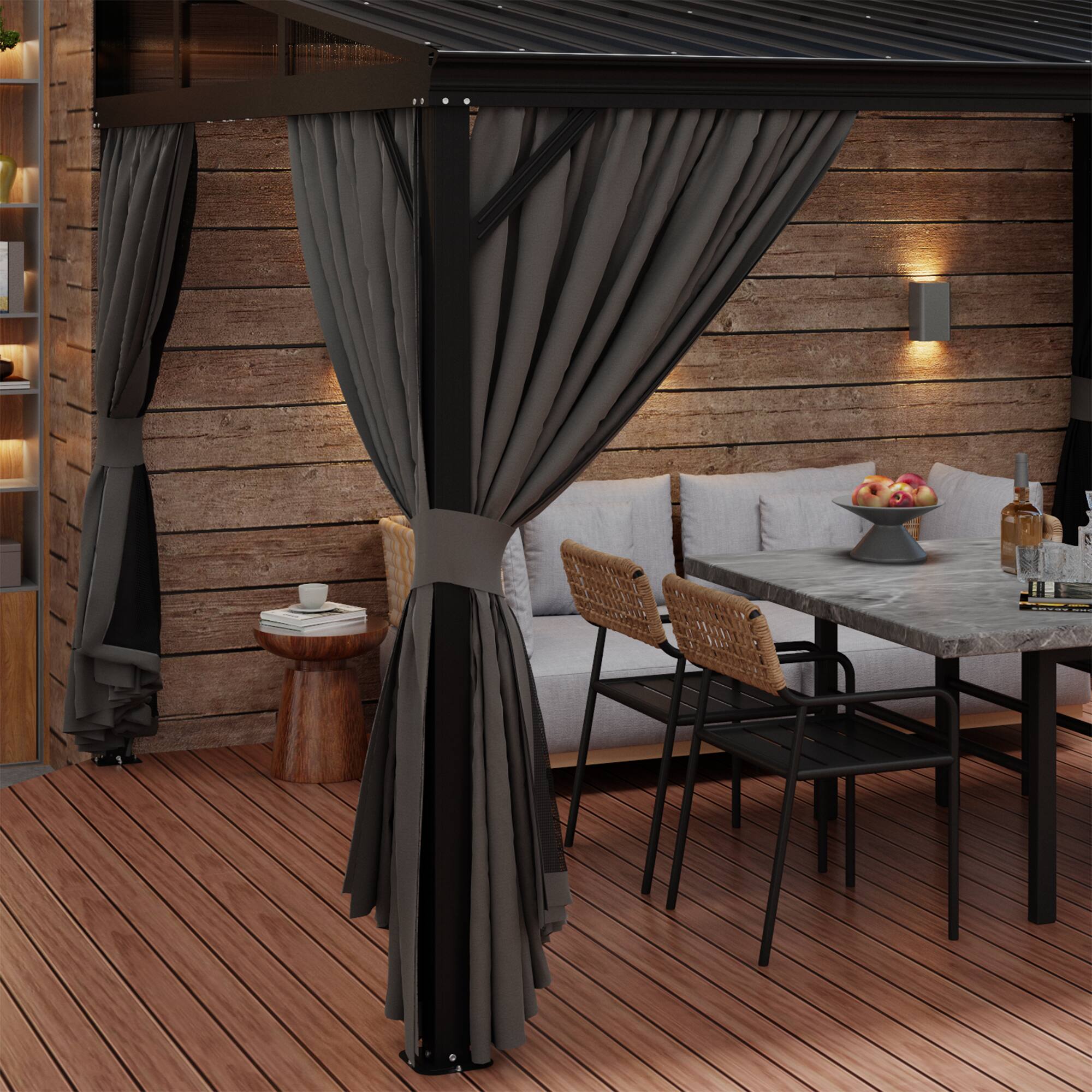 Left. Famapy - Heavy Duty Outdoor Gazebo with Steel Roof, Aluminum Frame, Curtains & Netting for Patio, Garden, Deck.