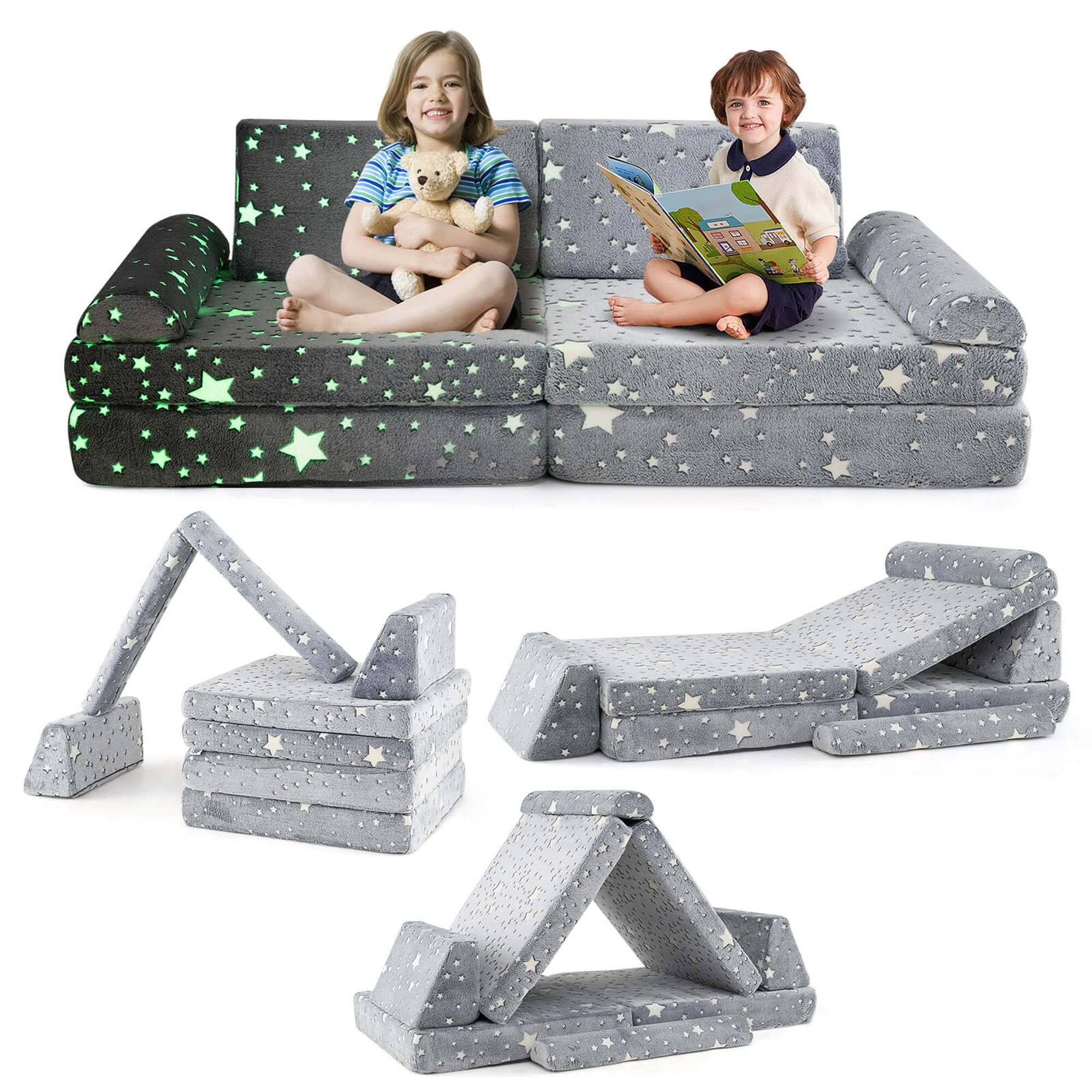 Costway - 8 PCS Modular Kids Play Couch with Handles Machine Washable Covers for Building Fort - Gray