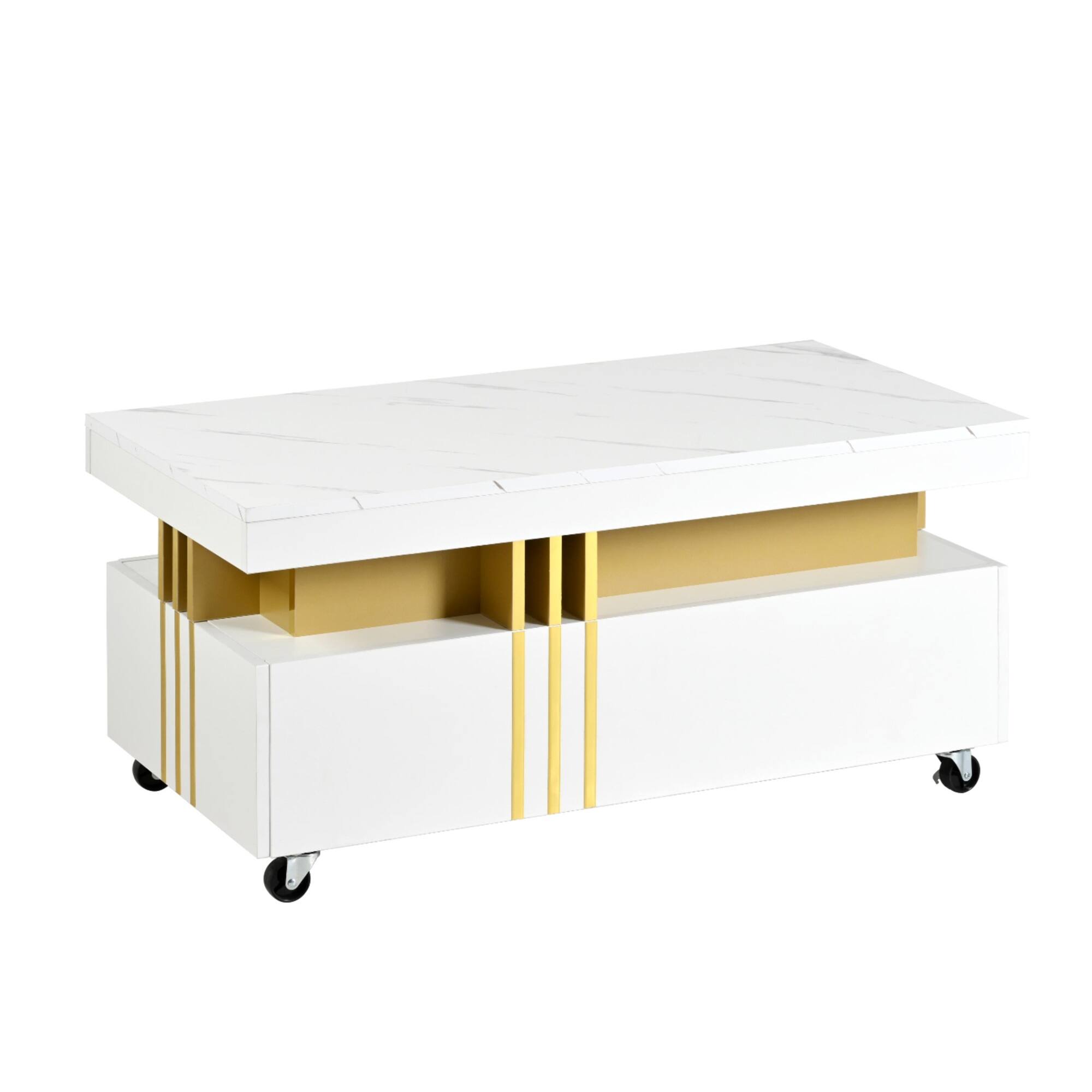 Alt View 7. Tiramisubest - Contemporary Coffee Table with Faux Marble Top,Caster Wheels,Moderate Luxury Center Table with Gold Metal Bars,White - White.