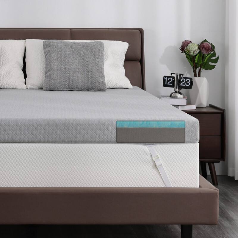 Angle. Vipbear - 3"/4" Bamboo Charcoal Memory Foam Mattress Topper, Cooling Gel Bed Topper with Removable Cover, Fiberglass‑Free - 3" Gray.