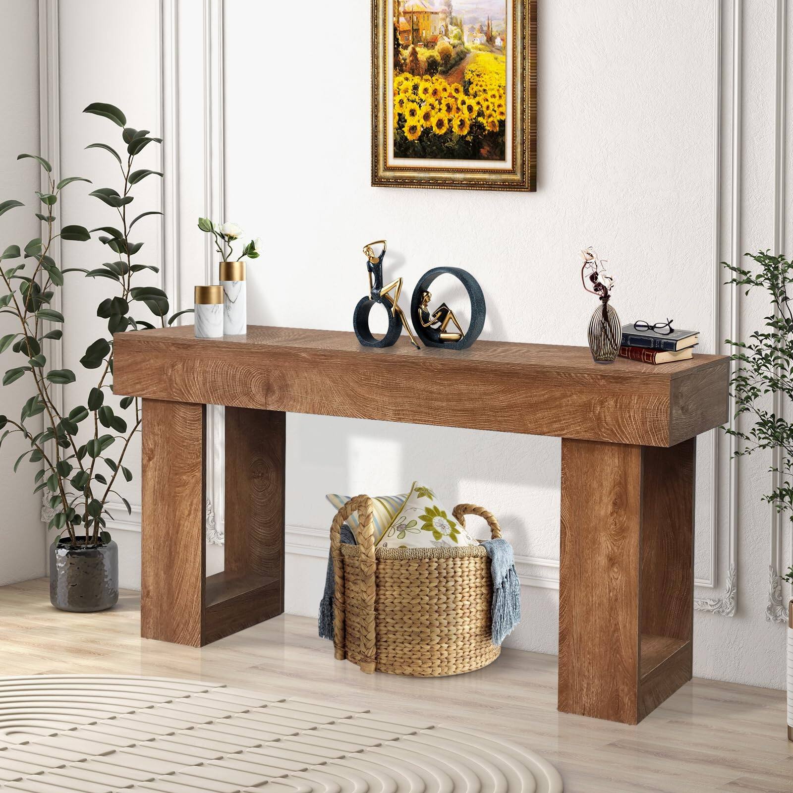 Front. Qeetex - 63" Wood Console Table for Entryway, Rectangular Sofa Table for Living Room, Hallway & Foyer - Natural.