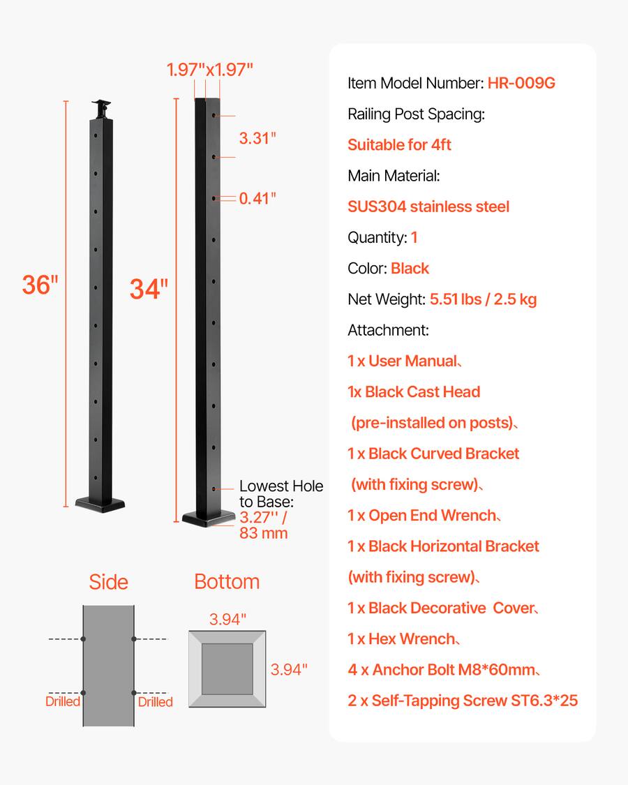 Rust Rail Base VEVOR 1 Pack Cable Railing Post, 36x2x2 In Horizontal Hole Deck Railing ...