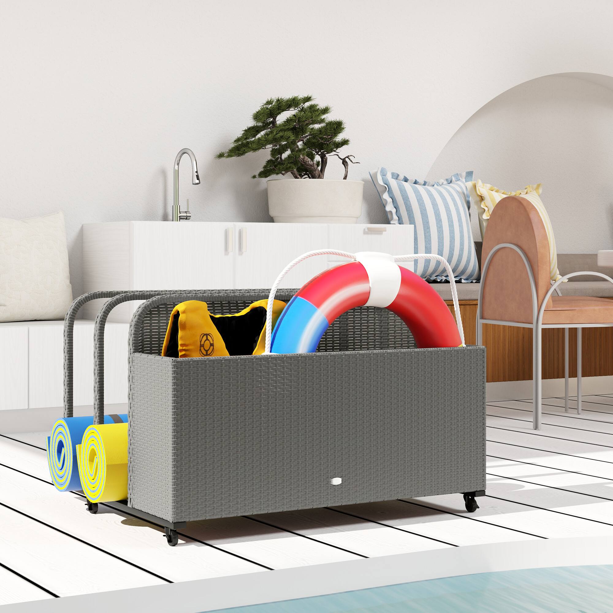 Alt View 8. Outsunny - Wicker Patio Pool Float Storage Basket, PE Rattan Outdoor Pool Caddy with Rolling Wheels for Floaties, Noodles - Mixed Gray.