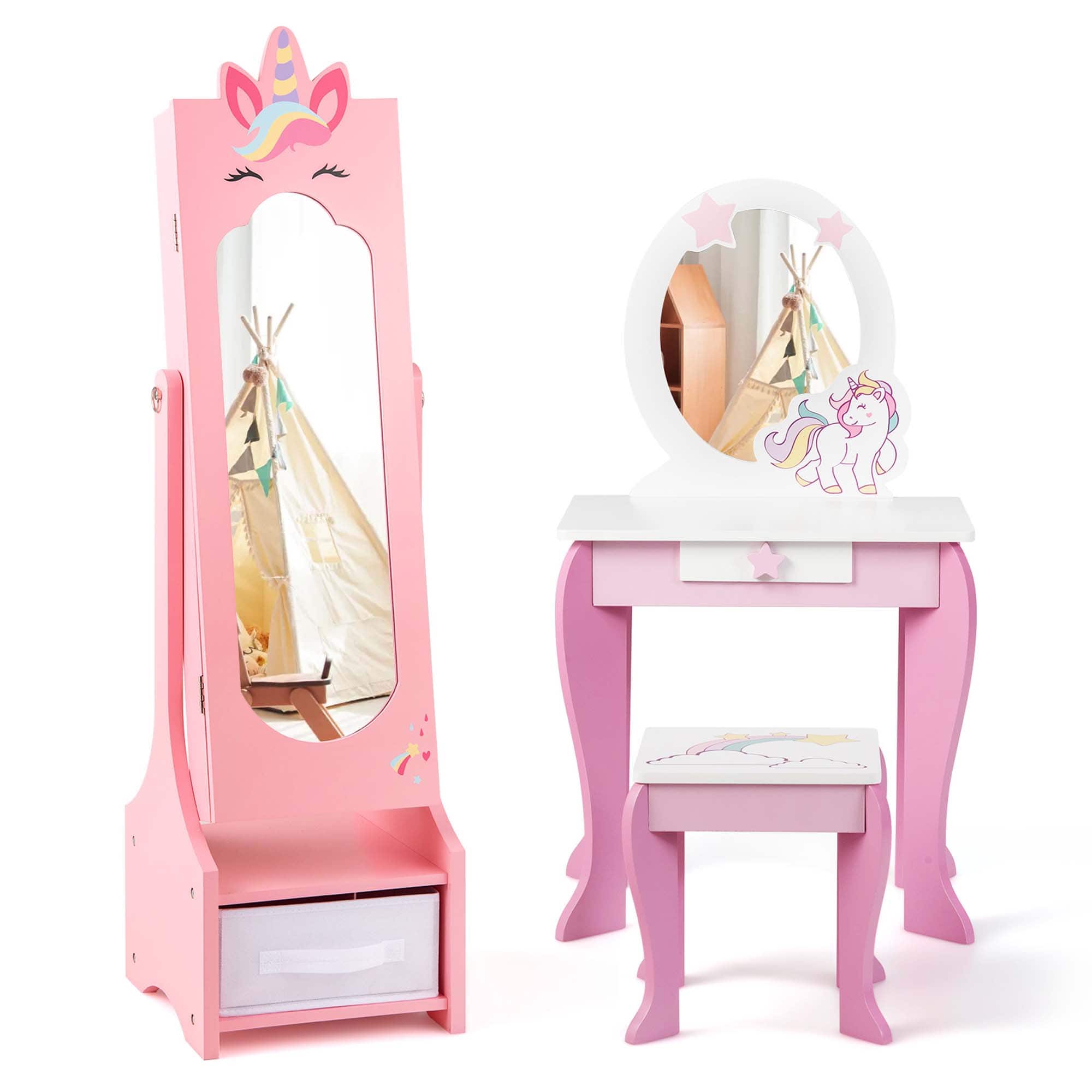 Costway - Kids Vanity Set Princess Makeup Dressing Table and Chair Set with Jewelry Armoire - Pink price history on PriceWatchPro
