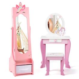 Costway - Kids Vanity Set Princess Makeup Dressing Table and Chair Set with Jewelry Armoire - Pink