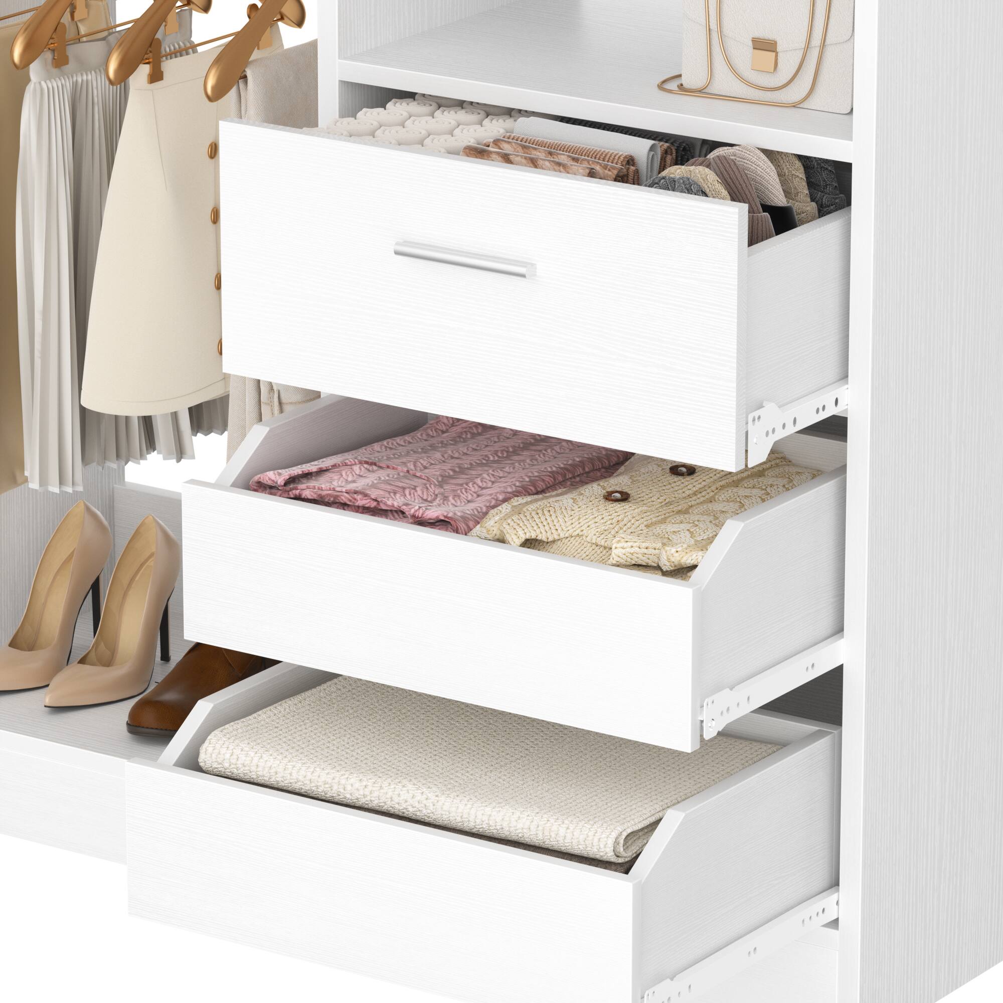 Angle. Aheaplus - 36" Freestanding Closet Organizer with 3 Drawers, 2 Hanging Rods & Shoe Storage - White.