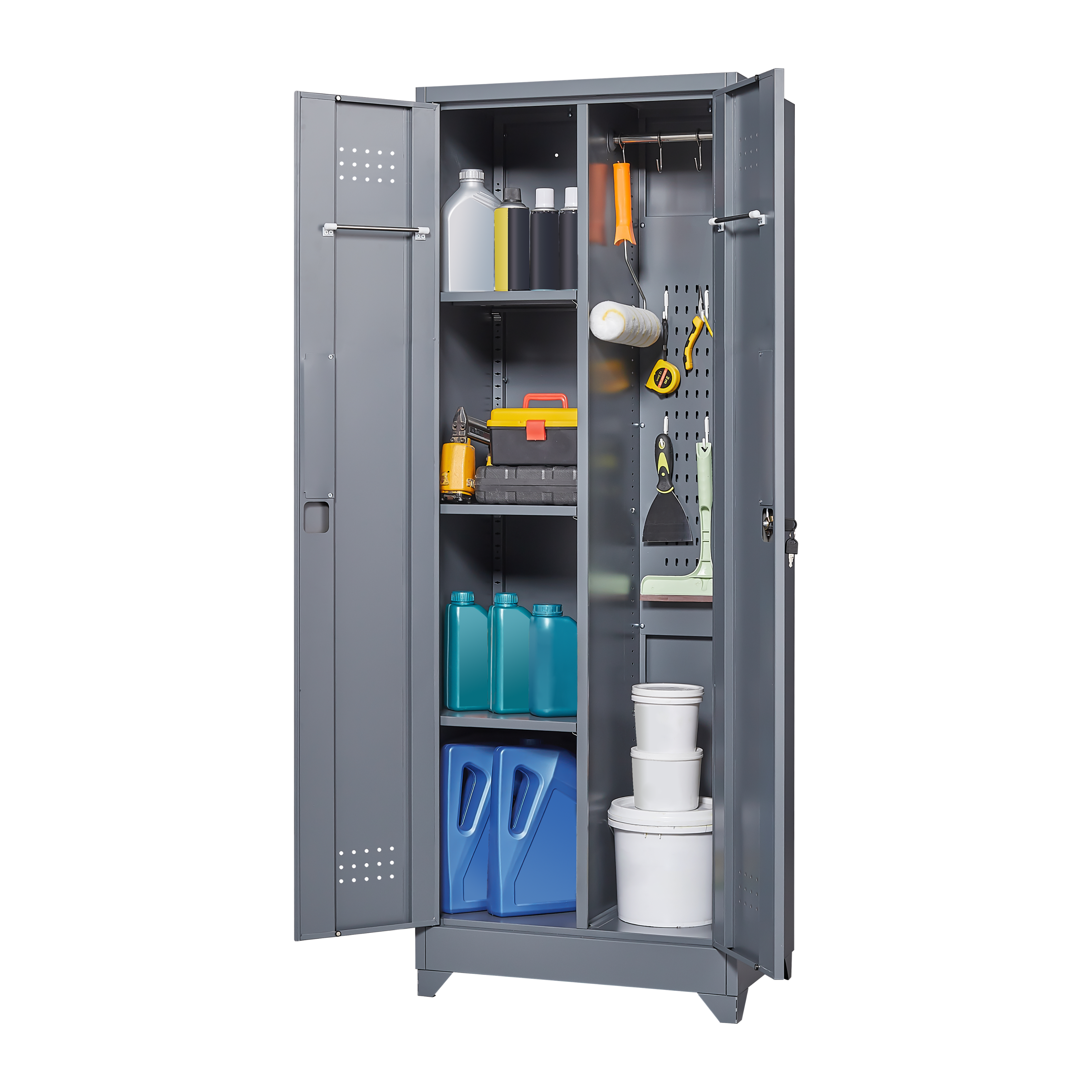 Left. GOODSILO - Heavy-Duty Steel Storage Cabinet with Locking Doors, Shelves, and Hanging Rod for Garage and Utility Organization - Grey.