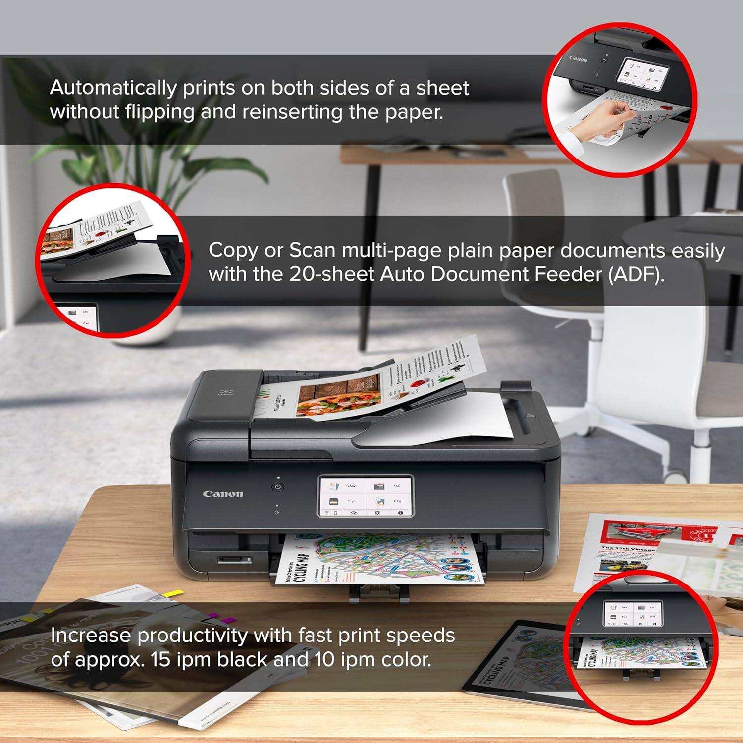 Automatically prints on both sides of a sheet without flipping and reinserting the paper. Copy or Scan multi-page plain paper documents easily with the 20-sheet Auto Document Feeder (ADF). Increase productivity with fast print speeds of approx. 15 ipm black and 10 ipm color.