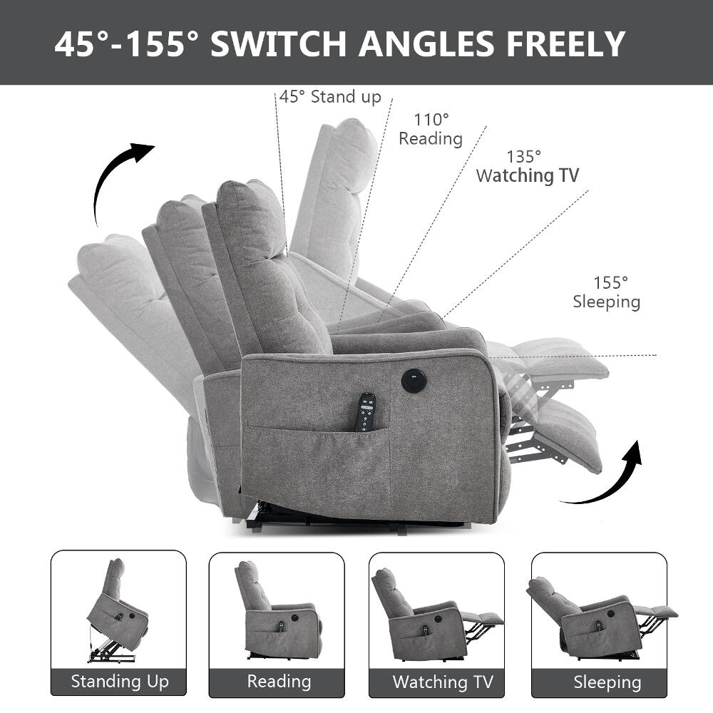 45°-155° SWITCH ANGLES FREELY

45° Stand up
110° Reading
135° Watching TV
155° Sleeping

Standing Up
Reading
Watching TV
Sleeping