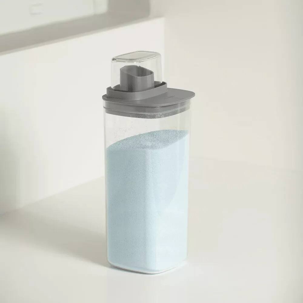 Back. OU - 50 oz Clear Airtight Dispenser with Measuring Cap, Lightweight Soap & Fabric Softener Organizer - Dark Gray.
