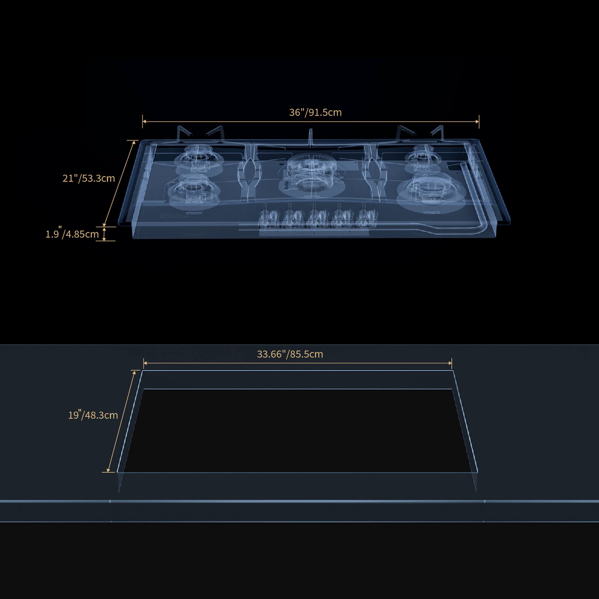 36"/91.5cm, 21"/53.3cm, 1.9 /4.85cm, 33.66"/85.5cm, 19/48.3cm