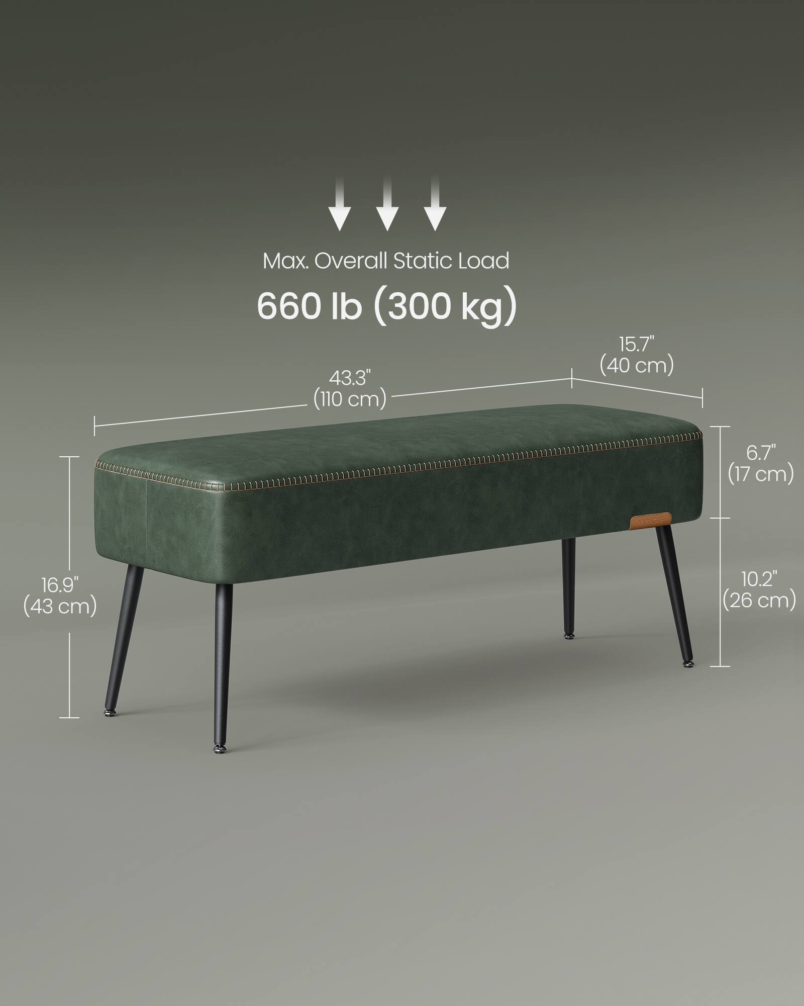 Max. Overall Static Load: 660 lb (300 kg)  
43.3" (110 cm)  
15.7" (40 cm)  
6.7" (17 cm)  
16.9" (43 cm)  
10.2" (26 cm)