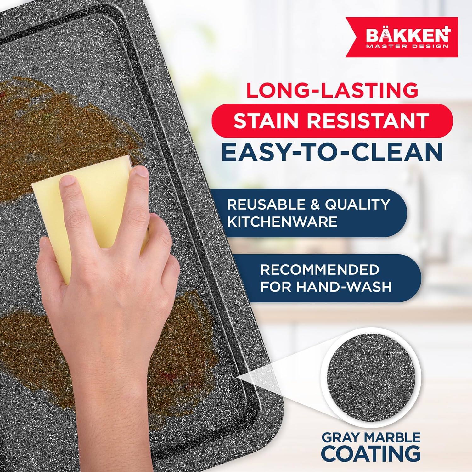 BKKEN MASTER DESIGN, LONG-LASTING, STAIN RESISTANT, EASY-TO-CLEAN, REUSABLE & QUALITY KITCHENWARE, RECOMMENDED FOR HAND-WASH, GRAY MARBLE COATING